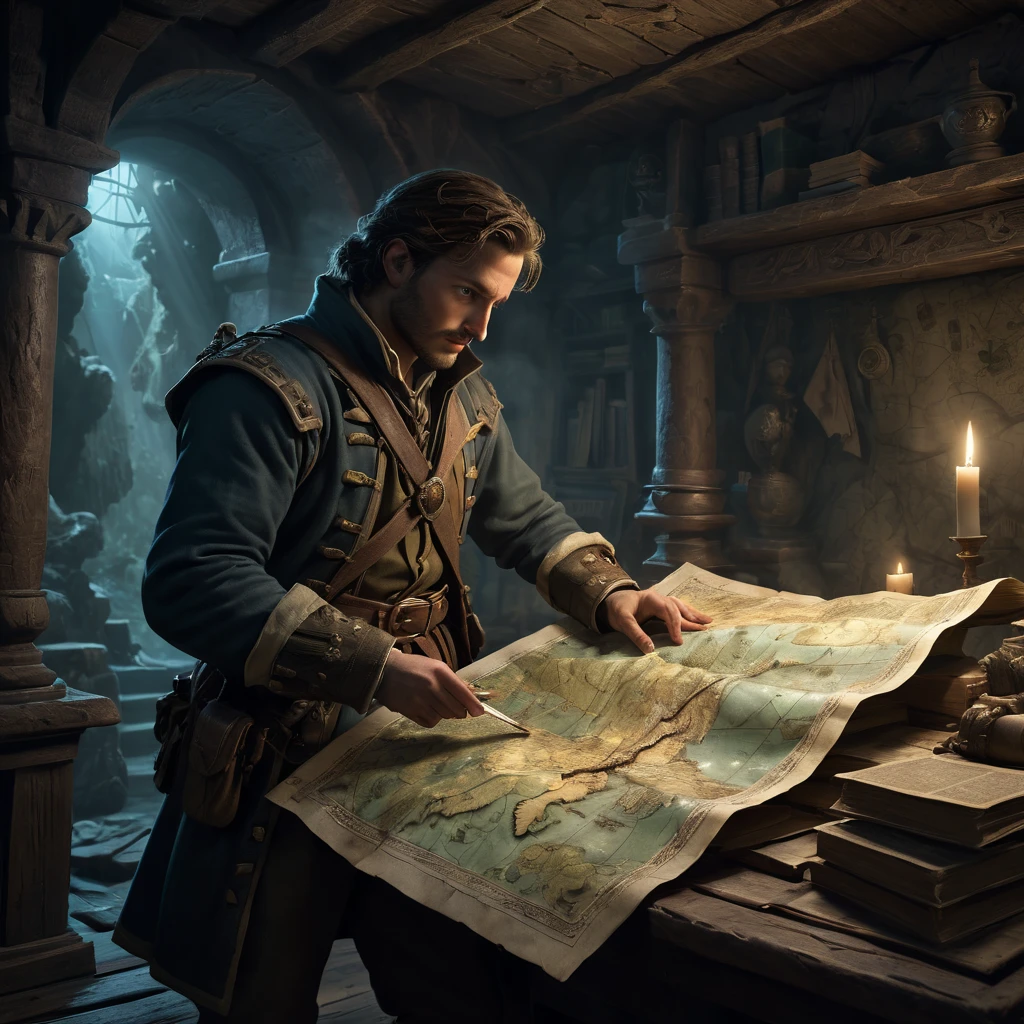 A mysterious personage with piercing eyes, shrouded in secrecy and intrigue, standing in a dimly lit chamber. In their hand, they hold a weathered map, hinting at untold treasures and hidden secrets. The map is meticulously drawn, showcasing intricate details of uncharted territories, with winding rivers, towering mountains, and dense forests. The corners of the map are adorned with faded illustrations of majestic sailing ships and cannons.
The room itself exudes an air of history and adventure, with wooden shelves lined with dusty books, ancient artifacts, and maps of distant lands. The flickering candlelight casts eerie shadows on the walls, creating an atmosphere of suspense and anticipation.
Suddenly, the sound of footsteps echoes in the distance. A group of brave explorers, fueled by their insatiable thirst for adventure, enter the chamber. Clad in rugged attire, they prepare for an epic battle against a band of despicable pirates who will stop at nothing to claim the treasure marked on the map.
As the battle commences, the room is filled with the thunderous clash of swords, the deafening sound of cannons, and the shouts of determination and valor. The intensity of the battle is heightened by the dramatic lighting, casting dramatic shadows and highlighting the bravery and resilience of the explorers.
In the midst of the chaos, the mysterious personage observes the unfolding events with a mixture of curiosity and anticipation. Their eyes shimmer with the knowledge of the secrets hidden within the map, secrets that hold the key to unimaginable wealth and power.
The colors of the scene are vibrant and vivid, with a rich color palette that accentuates the dramatic atmosphere. The warm glow of the candlelight contrasts with the cold, muted tones of the surroundings, adding to the sense of mystery and adventure.
Overall, this masterpiece embodies the essence of an epic tale. From the intricate details of the map and treasure to the intense battle between explorers and pirates, every element is meticulously crafted to immerse the viewer in a world of adventure, danger, and discovery. (best quality,4k,8k,highres,masterpiece:1.2),ultra-detailed,(realistic,photorealistic,photo-realistic:1.37),pirate,explorers,treasure,map,dramatic lighting,shadows,clash of swords,epic battle,ancient artifacts,dusty books,distant lands.