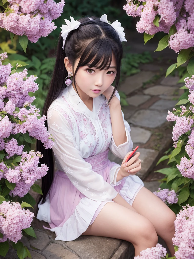 garden night,鲜花装点着美丽夜空中的white色礼服少女,white,small leather boots,Precious jewelry and camellia earrings adorn her delicate face;Blue rose,Pink Persian lilacs brighten the night。