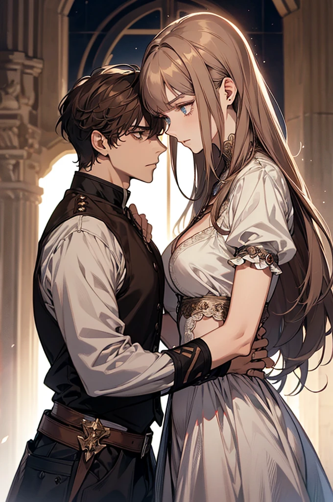 1 couple, 1 male and 1 female, adult, adult face, human, (male: white hair with bangs), (female: brown hair), (male: blue eyes), (female: rose green eyes), (female: small breasts), (male: handsome), (female: shy), (male:calm), medieval fantasy