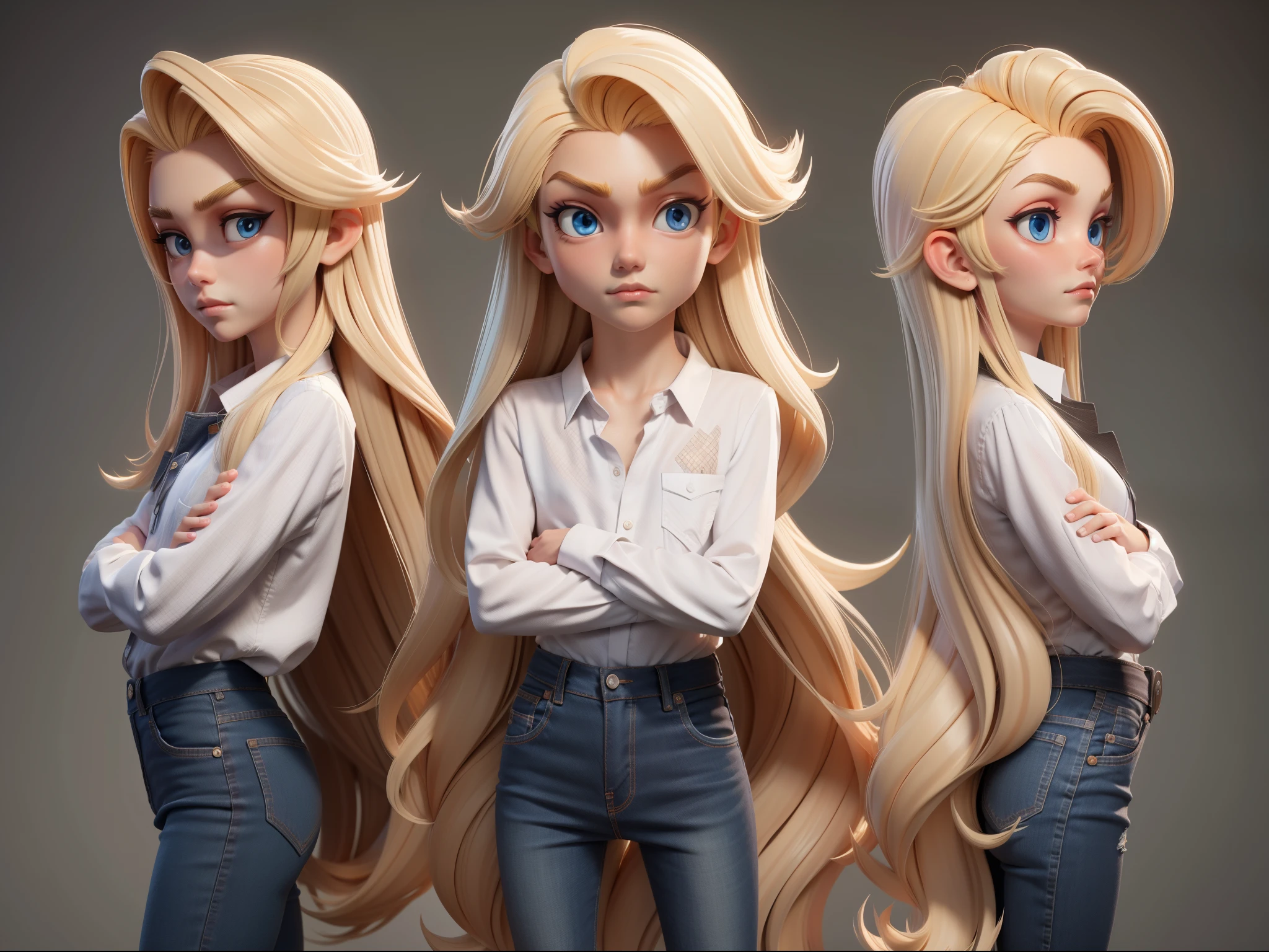 long hair,Full half,blonde,white shirt,jeans,3d model,puzzled expressions, Expression display