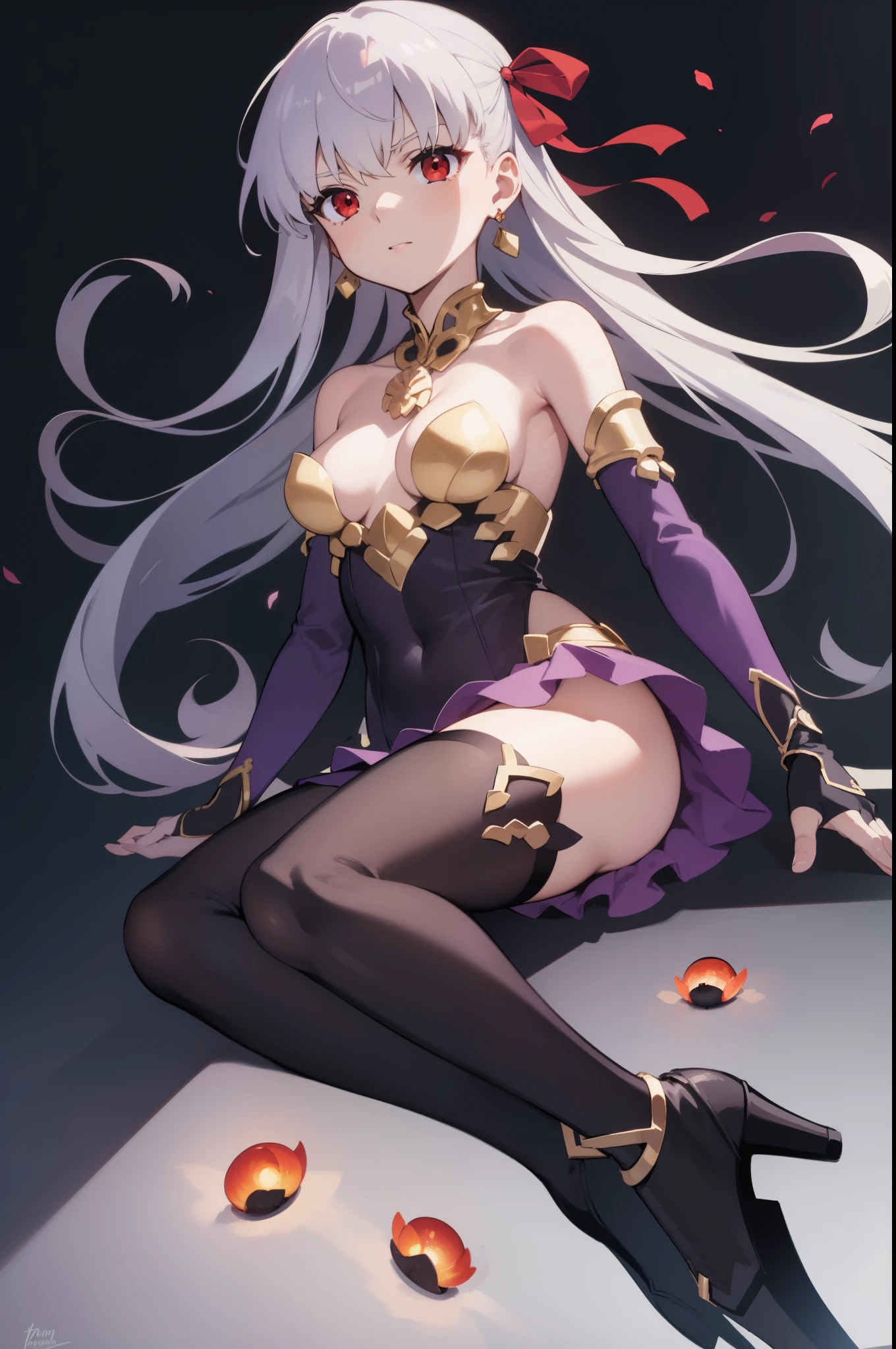 fgoKama, Kama, hair ribbon, (red eyes:1.5), red ribbon, ribbon, long hair, gray hair, Break Armlet, bare shoulders, bikini armor, bracelet, collar, removed sleeve, dress, earrings, Floral, jewelry, metal collar, miniskirt, pelvic curtain, purple dress, purple skirt, purple sleeve, purple Thighhighs, ring, skirt, Thighhighs, thighs, BREAK looking at viewer, rest indoors, break the bed (masterpiece:1.2), highest quality, High resolution, unity 8k wallpaper, (figure:0.8), (beautiful and fine eyes:1.6), highly detailed face, perfect lighting, Very detailed CG, (perfect hands, perfect anatomy),