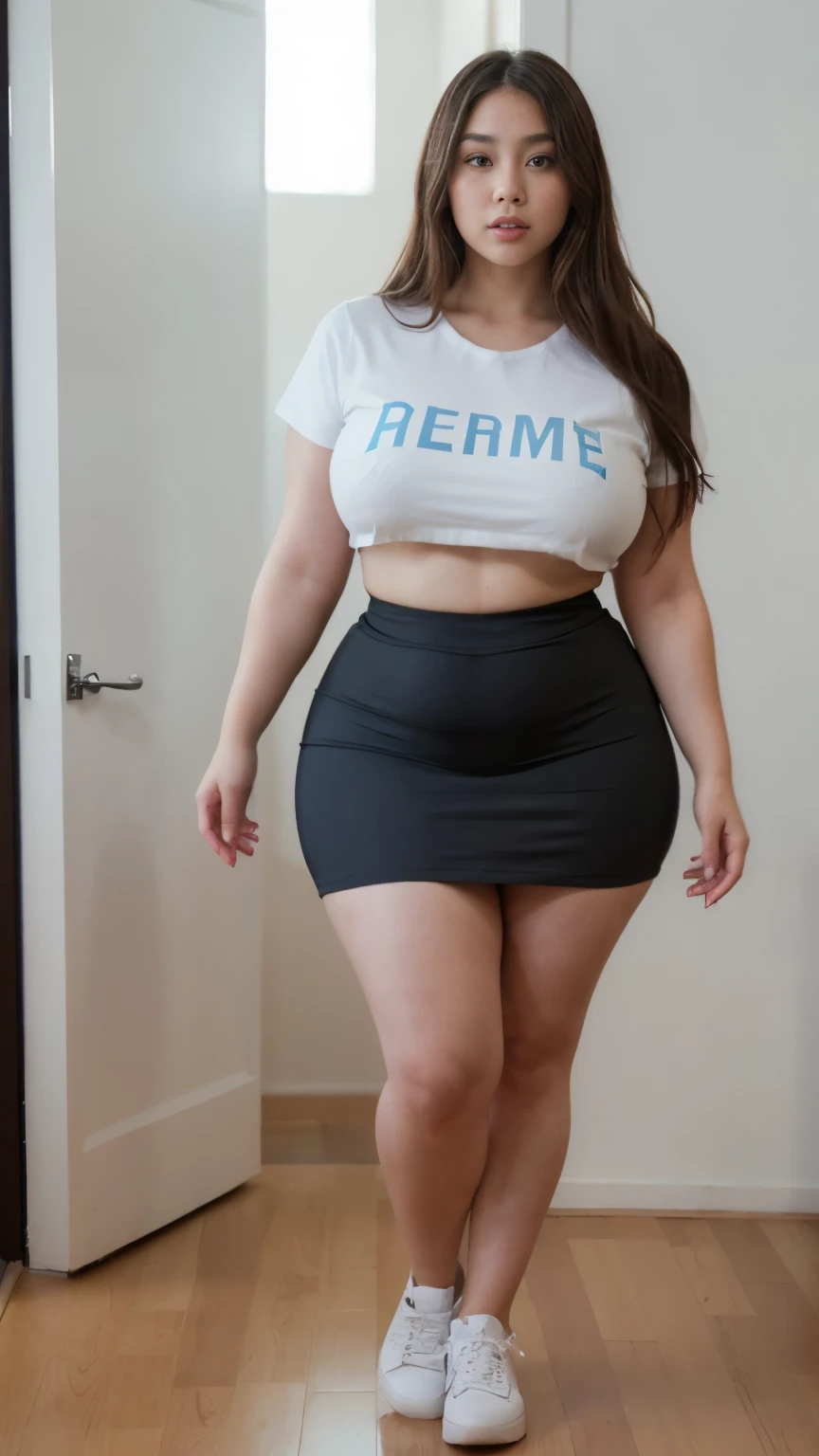 ((best quality)), ((masterpiece)), (detailed), perfect face, a woman in a dark-blue t-shirt and thight skirt random posing for a picture, bbwchan, thick body, thicc, she has a jiggly fat round belly, korean girl, curvy model, beautiful thick female, thick, heonhwa choe, widest hips, skinny waist and thick hips, alluring plus sized model, thick thighs, nene tanaka body, nene tanaka face. Bbwchan, full body view, wearing a red sneaker, small breast, woman in proportions body, big eye, big cheeks