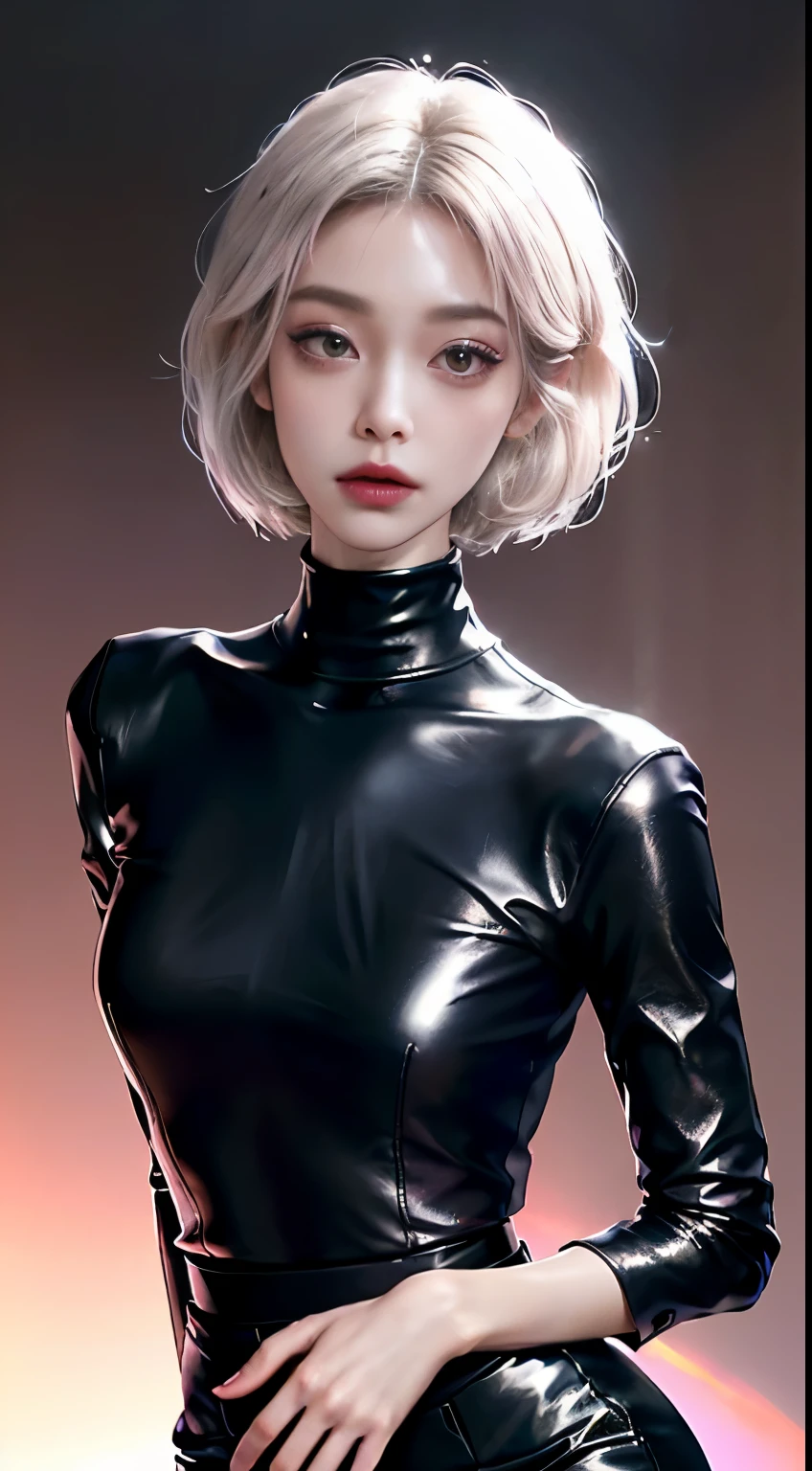 masutepiece、top-quality、Movie stills、1girl in、For highlights、((Tight turtleneck shirt、Black Leather High Waist Tight Skirt、pin heels, make - up)), straight white hair、Short Hair Gradient Inner Color、slender long legs、beauty legs、Slimed、Model body type、Background bokeh、Pulling Picture、Detailed people、A detailed face、Realistic people、Model Standing、full body Esbian、Taken away、Detailed face、Delicate facial features、Detailed skin、Shiny skin、Beautiful face、Perfect face、very detailed beautiful face and eyes、alluring face、Angle from above、look up to、dancing、darkened room、nightclubs、Dancing、Pink lighting、Pink Light Up、A crowd of dancers、Club Music、