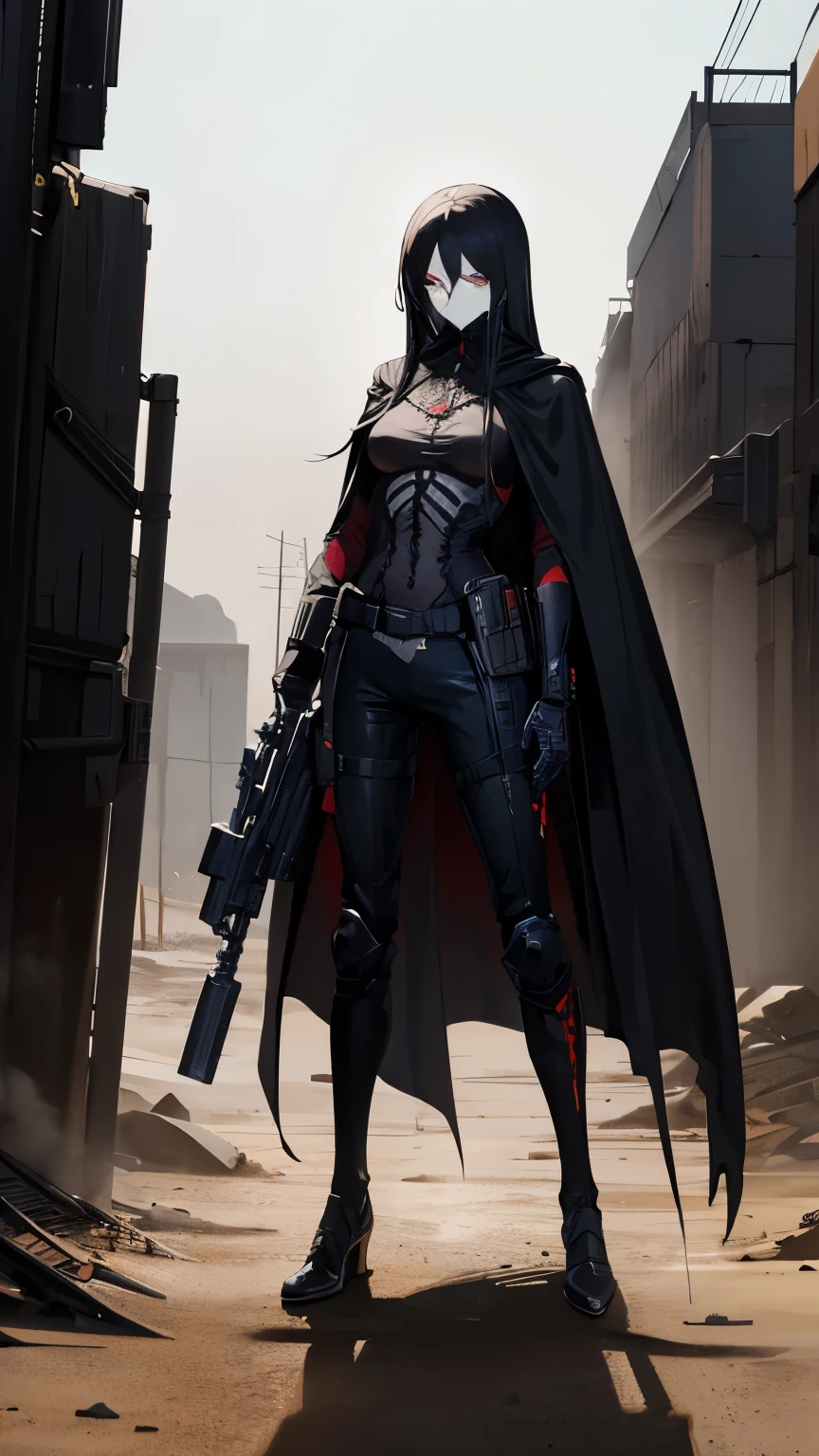 slender lady, very long black hair, skeleton mask, carrying a machine gun, wearing black marine suit, wearing a torn brown cape, post apocalyptic desert background, dashing pose, full body focus, ultra definition.
