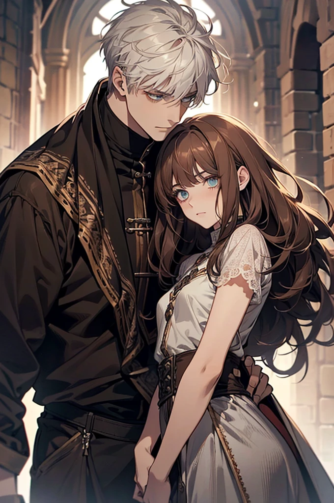 1 couple, 1 male and 1 female, adult, adult face, human, (male: white hair with bangs), (female: brown hair), (male: blue eyes), (female: rose green eyes), (female: small breasts), (male: handsome), (female: shy), (male:calm), medieval fantasy