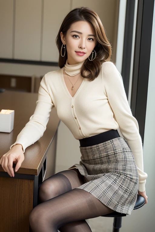 (best quality),(((full body portrait))),((long thin legs))、delicate face, Pretty face,Slender,Beige turtleneck、Gray plaid skirt、(Lace fabric panties)、(spread your legs a little:1.4),(Flirtingly lifting her skirt to show her panties:1.5),(black pantyhose、black high heels),Offices on high floors、There are large windows、Detailed background、adorable，smile，(((Sitting at a desk pose)))，Tiffany's Necklace、Ring-shaped earrings、Chain Bracelet
