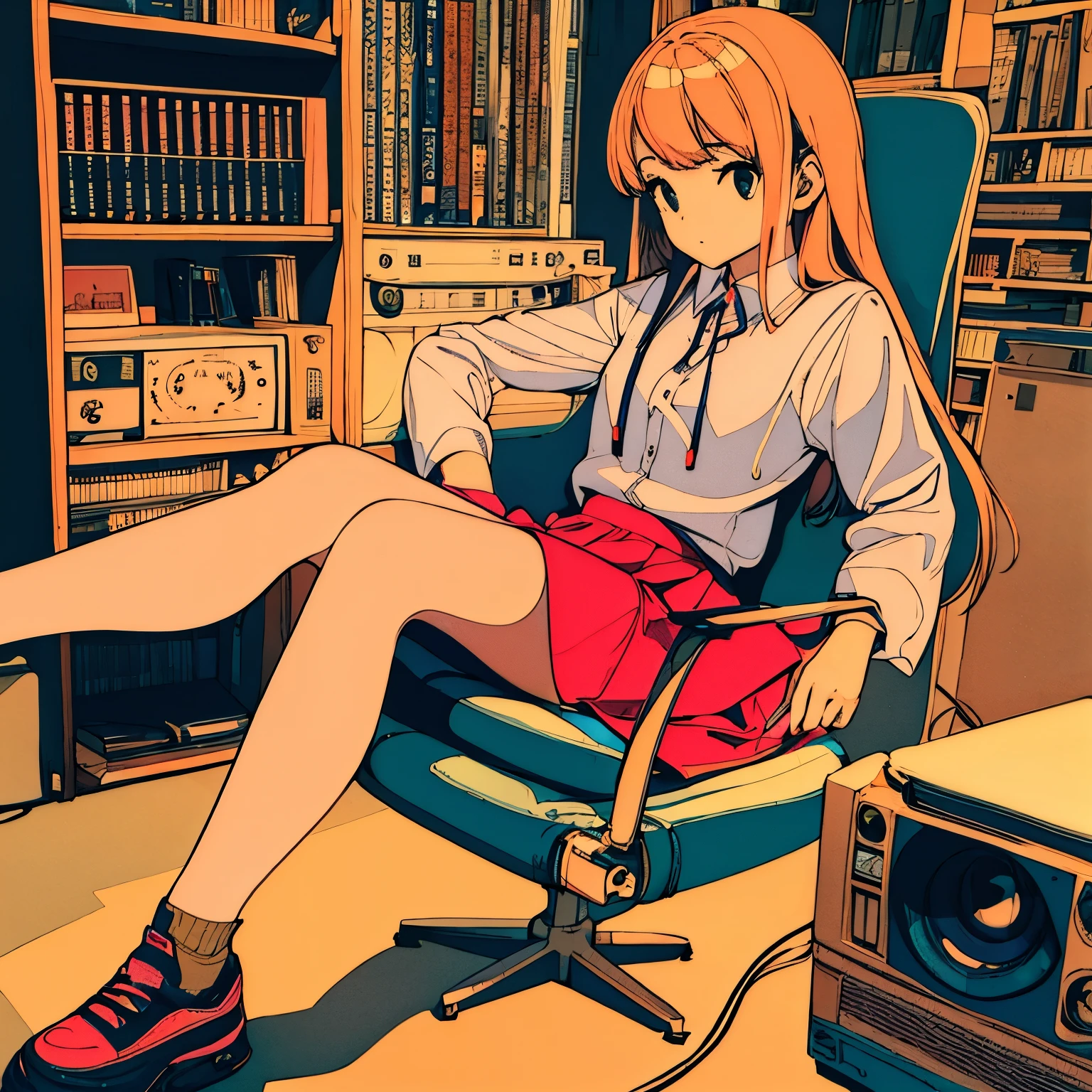 An illustration of a girl sitting on a chair that looks like it was taken with an old camera、vintage、bookshelf、cassette tape、speakers、recorder