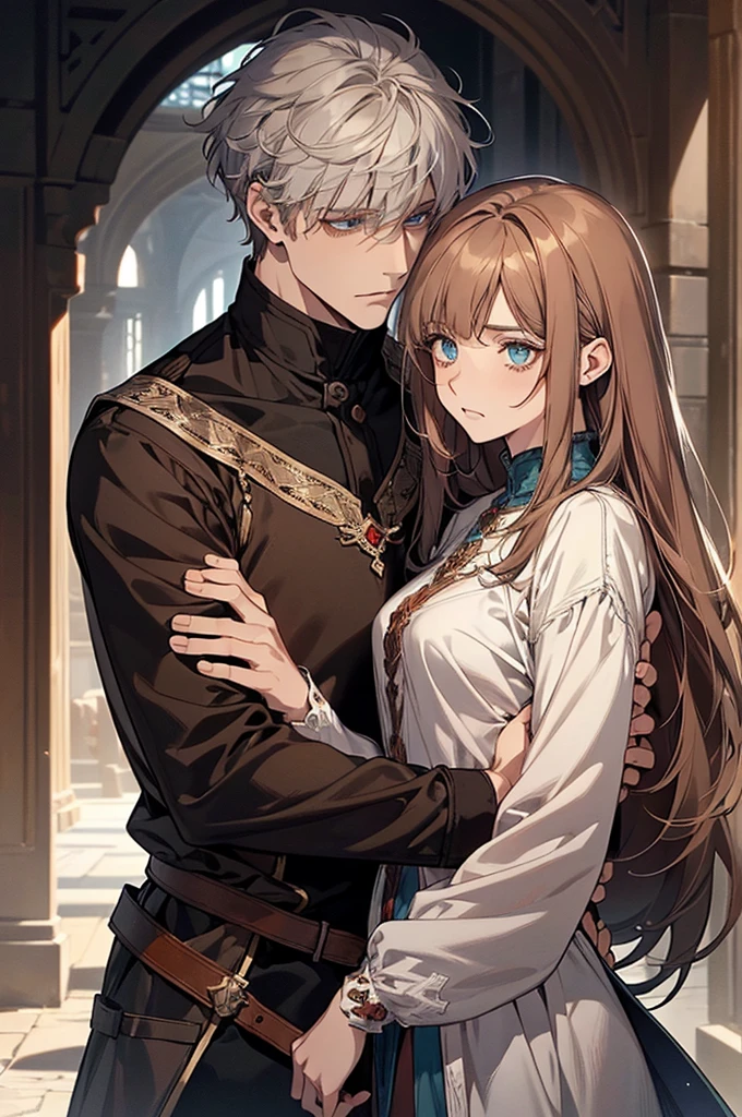 1 couple, 1 male and 1 female, adult, adult face, human, (male: white hair with bangs), (female: brown hair), (male: blue eyes), (female: rose green eyes), (female: small breasts), (male: handsome), (female: shy), (male:calm), medieval fantasy