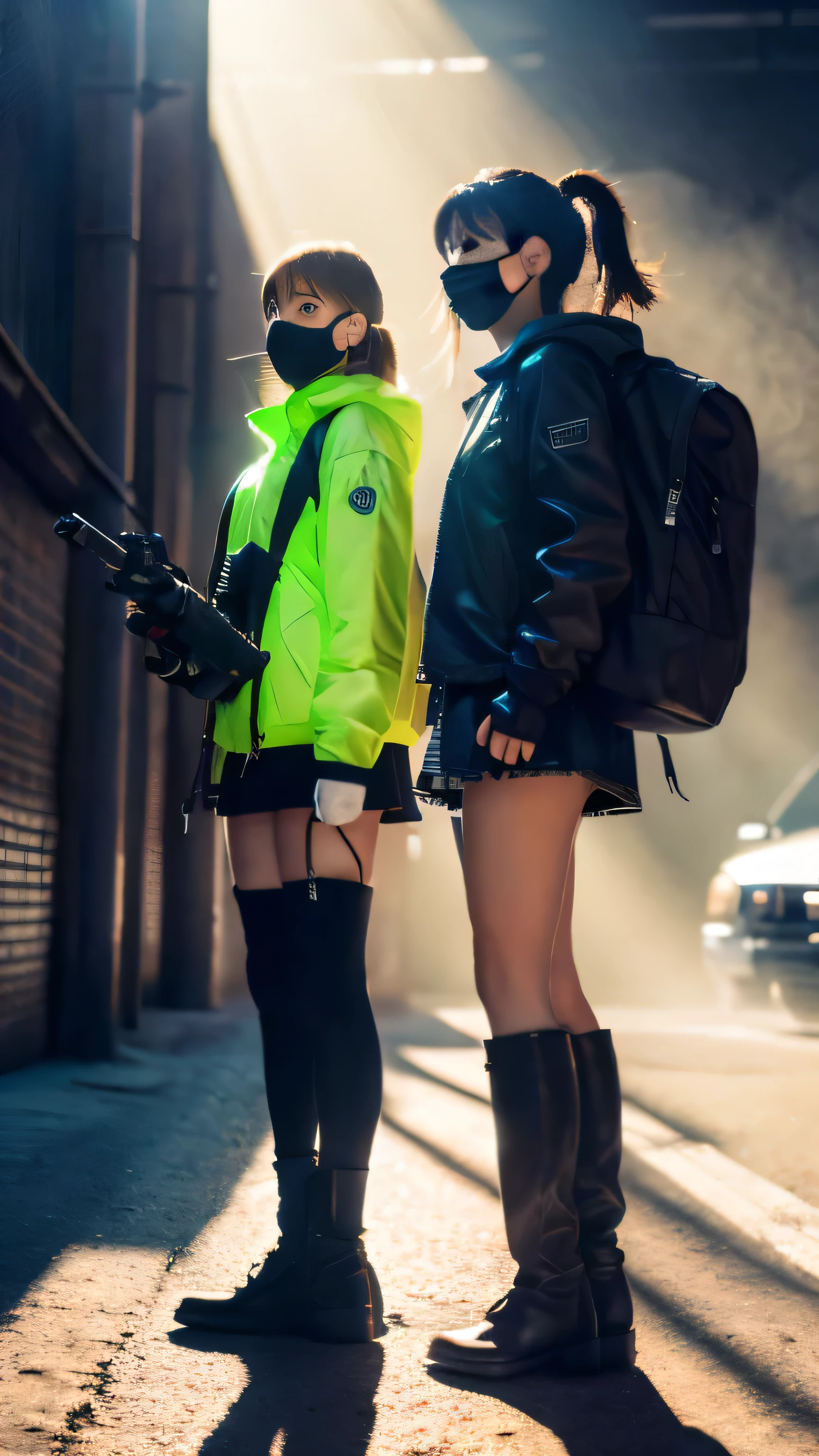 ((high quality)), ((masterpiece)), 8k, 2girls, cars, light rays, extremely detailed CG unity 8k wallpaper, cg game, looking at viewer, gloves, boots, full body, watch , computer, mask, drone, holding gun, headphones, jacket, bag, backpack, cameltoe, neon