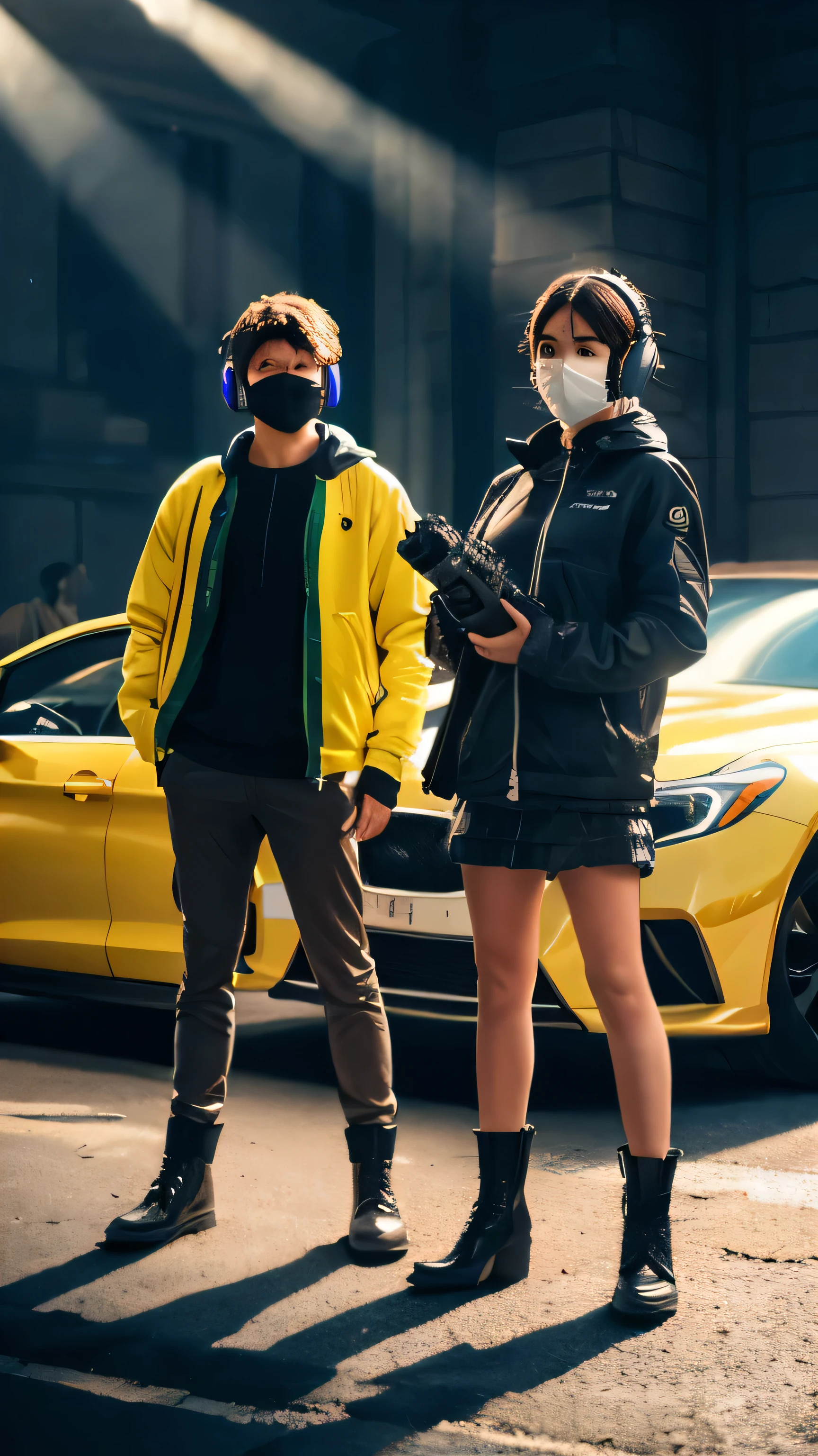 ((high quality)), ((masterpiece)), 8k, 2girls, cars, light rays, extremely detailed CG unity 8k wallpaper, cg game, looking at viewer, gloves, boots, full body, watch , computer, mask, drone, holding gun, headphones, jacket, bag, backpack, cameltoe, neon