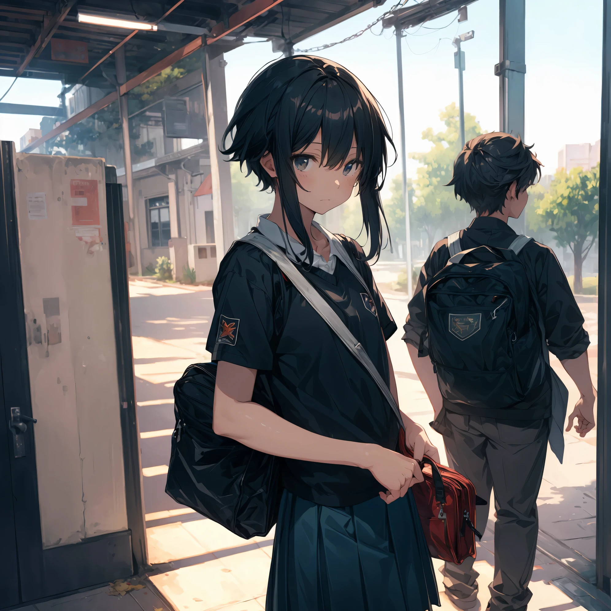 Super high quality by the art god, super detailed, High resolution,Shinkai Makoto style, anime moe art style, best anime 8K konachan wallpaper, pixiv contest winner, perfect anatomy, break,(眠そうにalone学校へ行く女の子を描いてください. ),break, surreal high school girl, (alone,lolita, , :1.3),All limbs, full finger,, androgynous charm, (very short hair), messy hair, flat chest, , small ass, between legs, Small black eyes,beautiful and fine eyes, Well-proportioned iris and pupils, disgusted eyes, High resolutionの詳細な髪, wearing school uniform, (skirt), On the way to school. break,super dense skin, Best lighting by famous artists, 8K, figure,story.