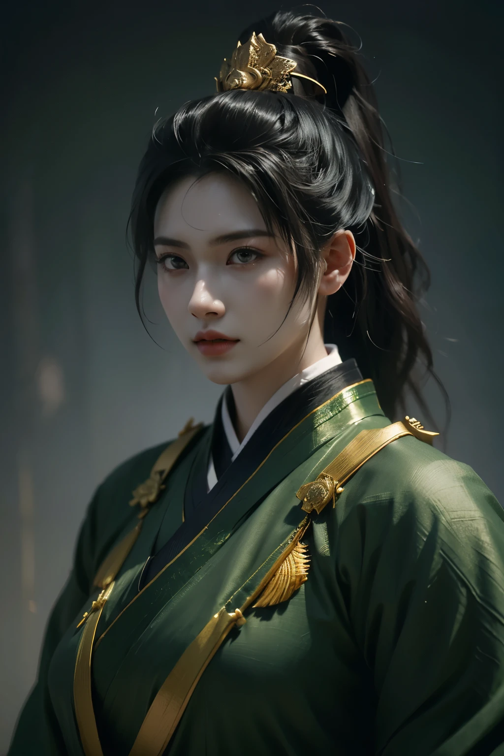 Game art，The best picture quality，Highest resolution，8K，(A bust photograph)，(Portrait)，(Head close-up)，(Rule of thirds)，Unreal Engine 5 rendering works， (The Girl of the Future)，(Female Warrior)， 
15岁少女，(The generals of ancient China)，An eye rich in detail，(Big breasts)，优雅高贵，冷漠，勇敢的，
(Wearing ancient Chinese cloth，Chinese Hanfu，Costumes of the Tang Dynasty，Costumes are rich in detail，Simple shades)，中国人物，奇幻风格，
拍照姿势，野外背景，Movie lights，Ray tracing，Game CG，((3D Unreal Engine))，oc渲染反射纹