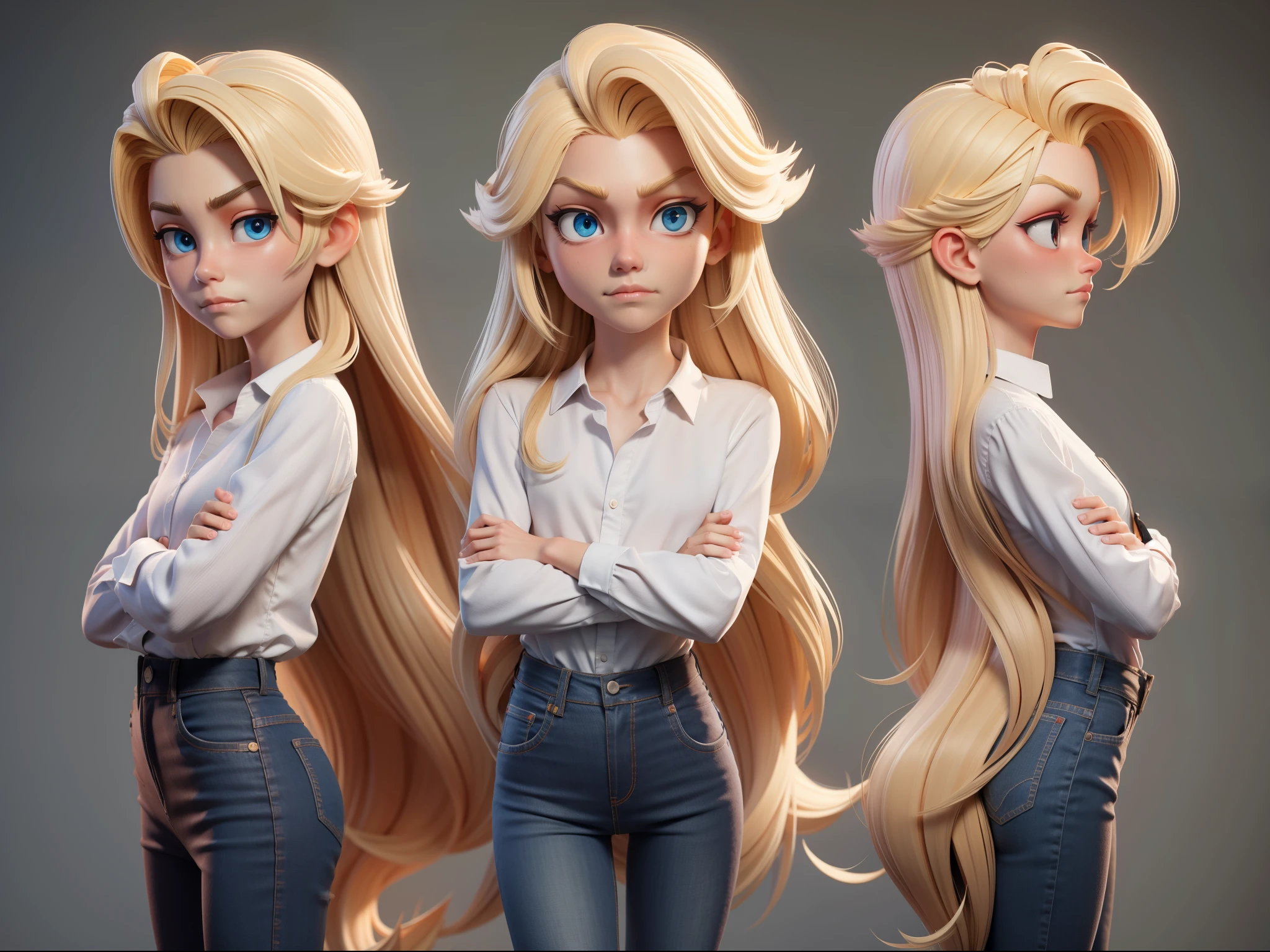 long hair,Full half,blonde,white shirt,jeans,3d model,unhappy expressions, Expression display