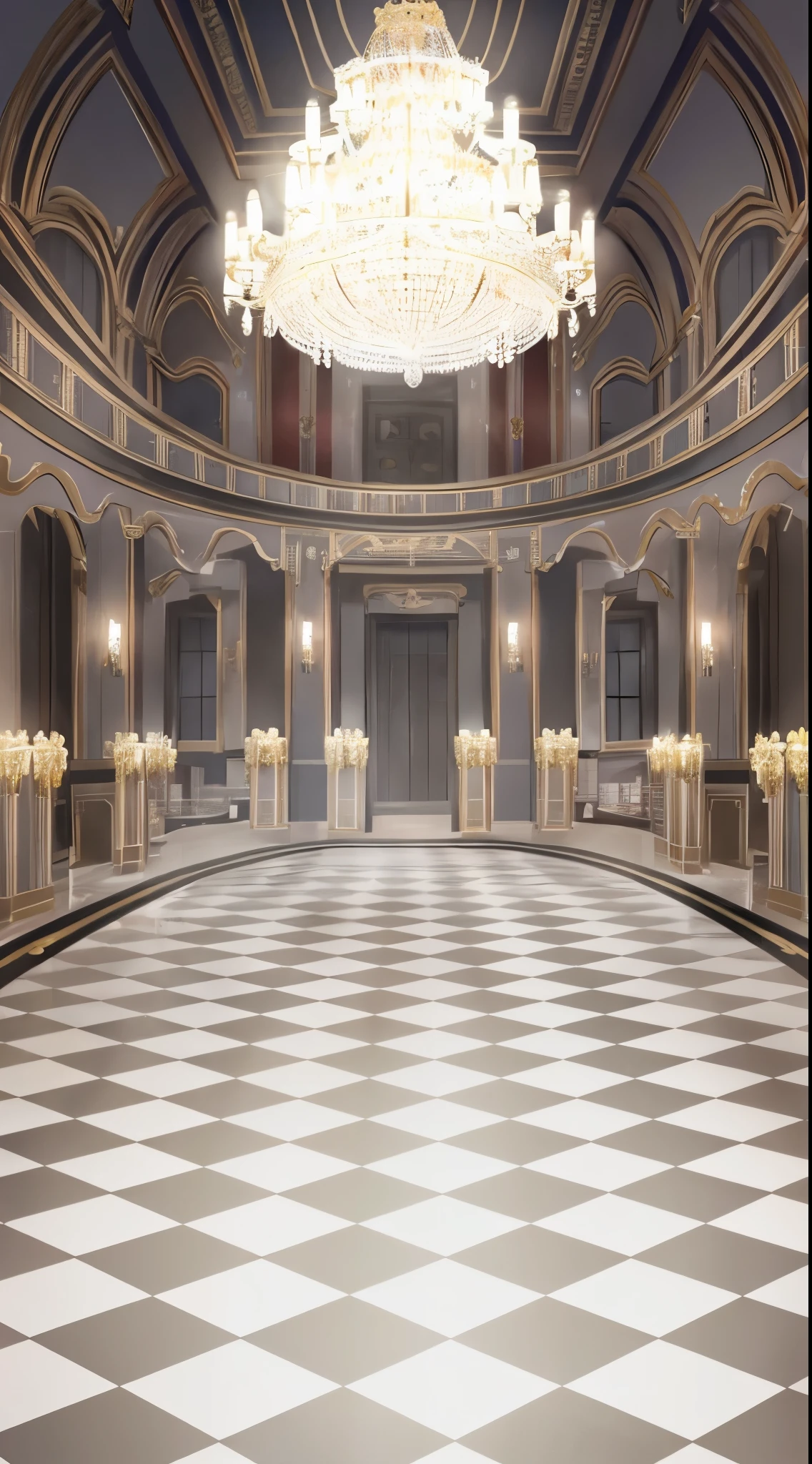 There is a big room,There are chandeliers and checkered floors, ballroom background, palace background, golden banquet hall background, palatial scene, marble room, hall, hall, in a hall, interior background art, Stunning mystery background, exquisitely designed throne room, 黑暗雄伟华丽的hall, anime background art, decadent throne room