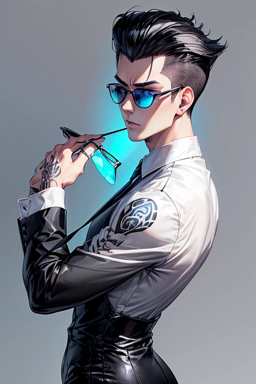 25 years old Japanese slender man (( silver soft pompadour hair, black side hair, fade cut )), ((wears black long sleeve dress shirt)), gray jeans, fold his arms in front,Māori tattoos, looking back pose, fearless crystal blue eyes, thin eyebrows, ((deep blue lenses fox sunglasses))