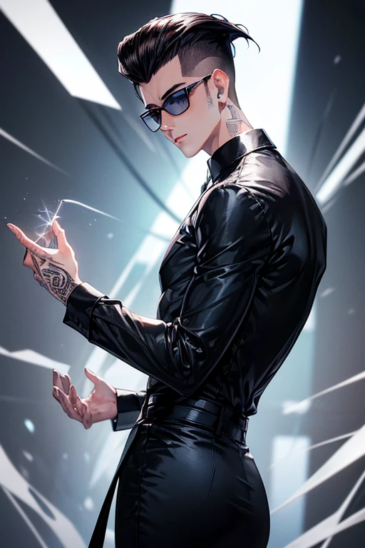 25 years old Japanese slender man (( silver soft pompadour hair, black side hair, fade cut )), ((wears black long sleeve dress shirt)), gray jeans, fold his arms in front,Māori tattoos, looking back pose, fearless crystal blue eyes, thin eyebrows, ((deep blue lenses fox sunglasses))