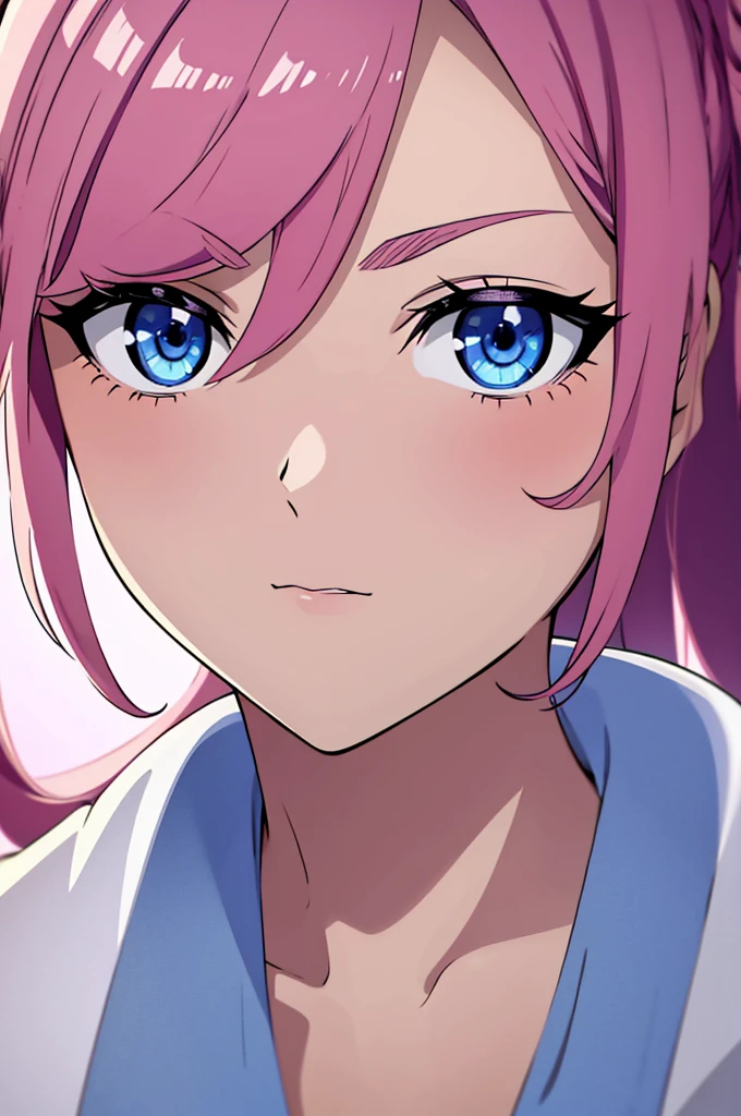 crie uma personagem feminina. Her striking details are blue eyes and pink hair.