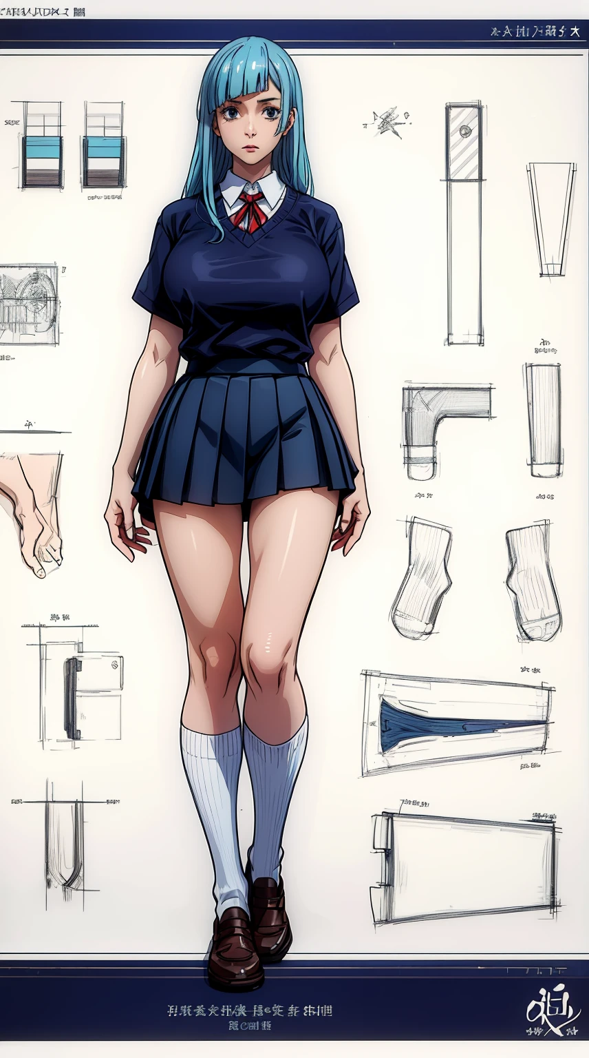 girl, solo, full body, from head to toe, standing, (Huge_Breasts:1.3), short skirt,

Character Design Sheet, character reference sheet, character turn around,

,Kasumi, blue hair, long hair, blue eyes, blunt bangs,

,Girl in school uniform,skirt, shirt, ribbon, school uniform, white shirt, short sleeves, pleated skirt, shoes, socks, blue skirt, white socks, collared shirt, red ribbon,mini skirt, short skirt,