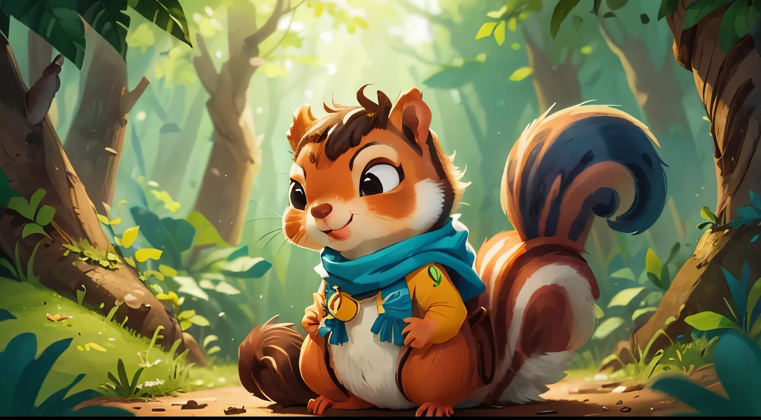 (((Pimpão is a little squirrel))), charming smile, He wears a small yellow and blue scarf around his neck, With a heroic look.