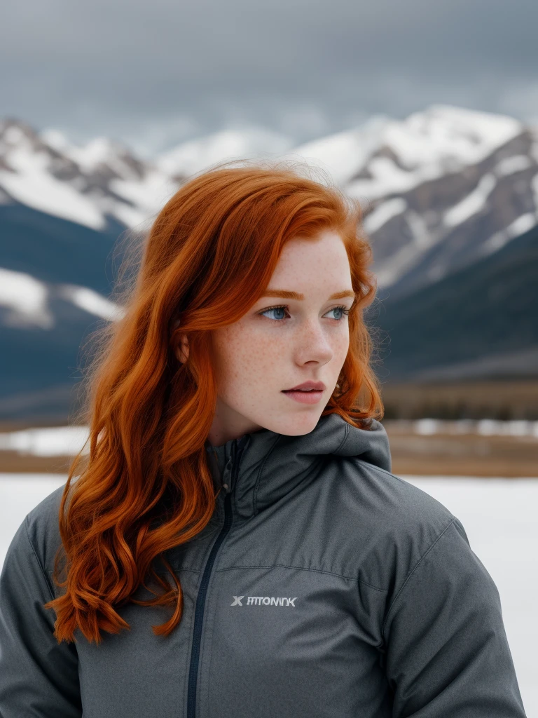 (1girl in, age19, Solo, Aesthetic artwork, irish redhead, wavy ginger hair, shoulder length ginger hair, pale skin, A-cup, small breasts, runners body, (textured skin, skin pores:1.1), (moles:0.8), imperfect skin, goosebumps, wearing dark gray jacket, wearing navy blue leggings, in a clearing looking at Rocky mountains, early winter, no snow, mountains, blury background, facing away, (back to camera, looking away: 1.25), (extremely detailed 8k wallpaper), (hard lighting), high quality, film grain, Fujifilm XT3 sharp focus, f 5.6, 50mm, High Detail, Sharp focus, (natural light), crazy details, complex details, hyperdetailed