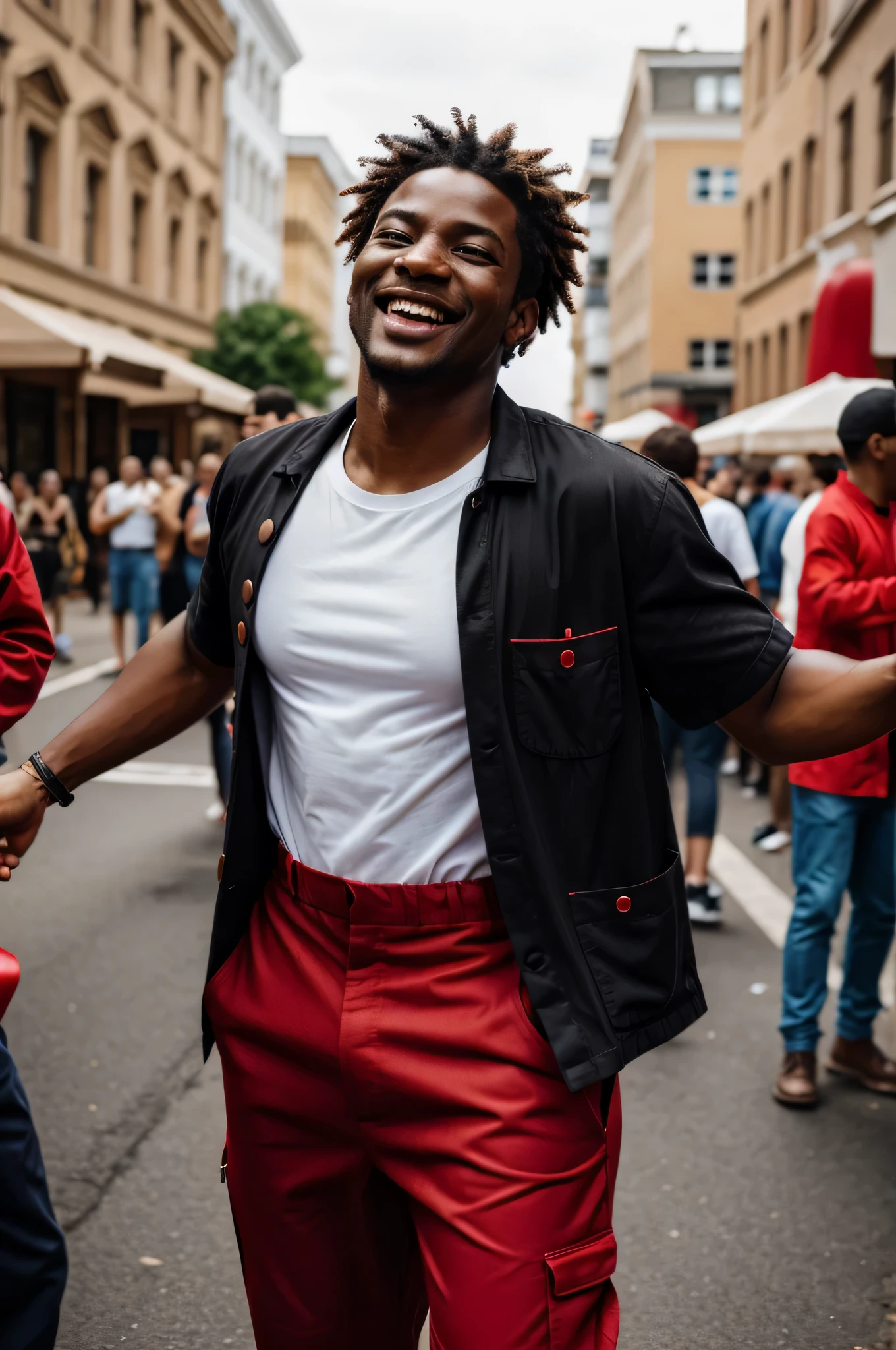 A black person having fun at a street party wearing a red mechanic's jumpsuit with the buttons open, showing a white T-shirt underneath. Hyperrealistic image.