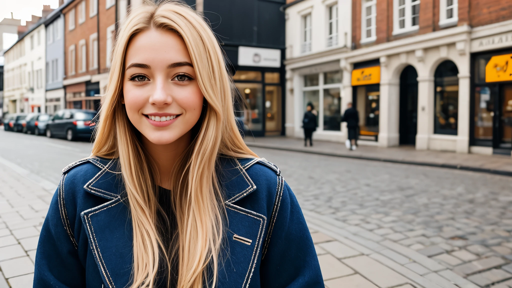 Instagram pictures, a French Girl, Shoulder length hair, with light blonde hair, a Close-up photo, coat, Walking in the street of Birmingham city, smiling a little,