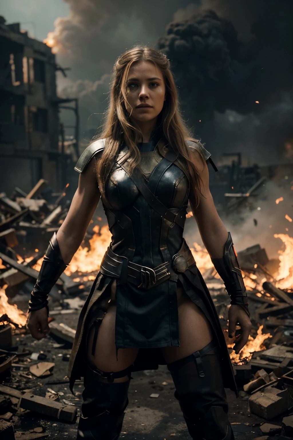 Create an image with advanced image quality and resolution, featuring super detailed depiction of a woman wearing a Thor-inspired outfit. Position her at the center of the composition, with a war-torn backdrop engulfed in flames. Ensure the portrayal of the intricacies of the costume, capturing textures and unique features. The fiery war scene should be realistically rendered, incorporating elements such as smoke, debris, and dramatic lighting effects. This image is intended to convey a powerful and visually engaging scene, combining the strength of the female Thor attire with the urgency and chaos of the war setting.
