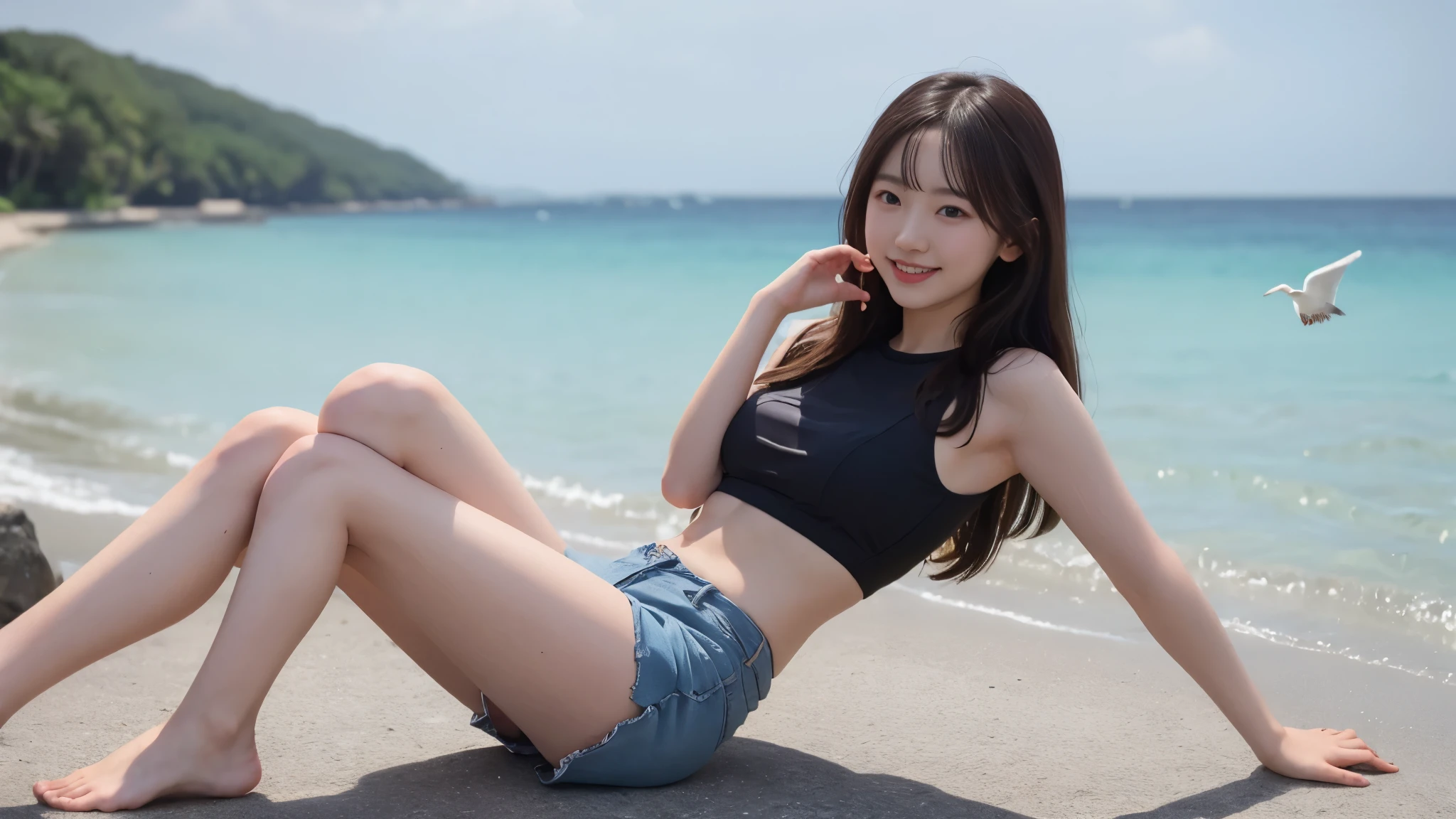 Highest quality, 8K, 、girl、Fluffy long hair、Tank top、mini skirt、A slight swelling of the chest、Beautiful Skin、Beautiful legs、Thin legs、smile、sea,