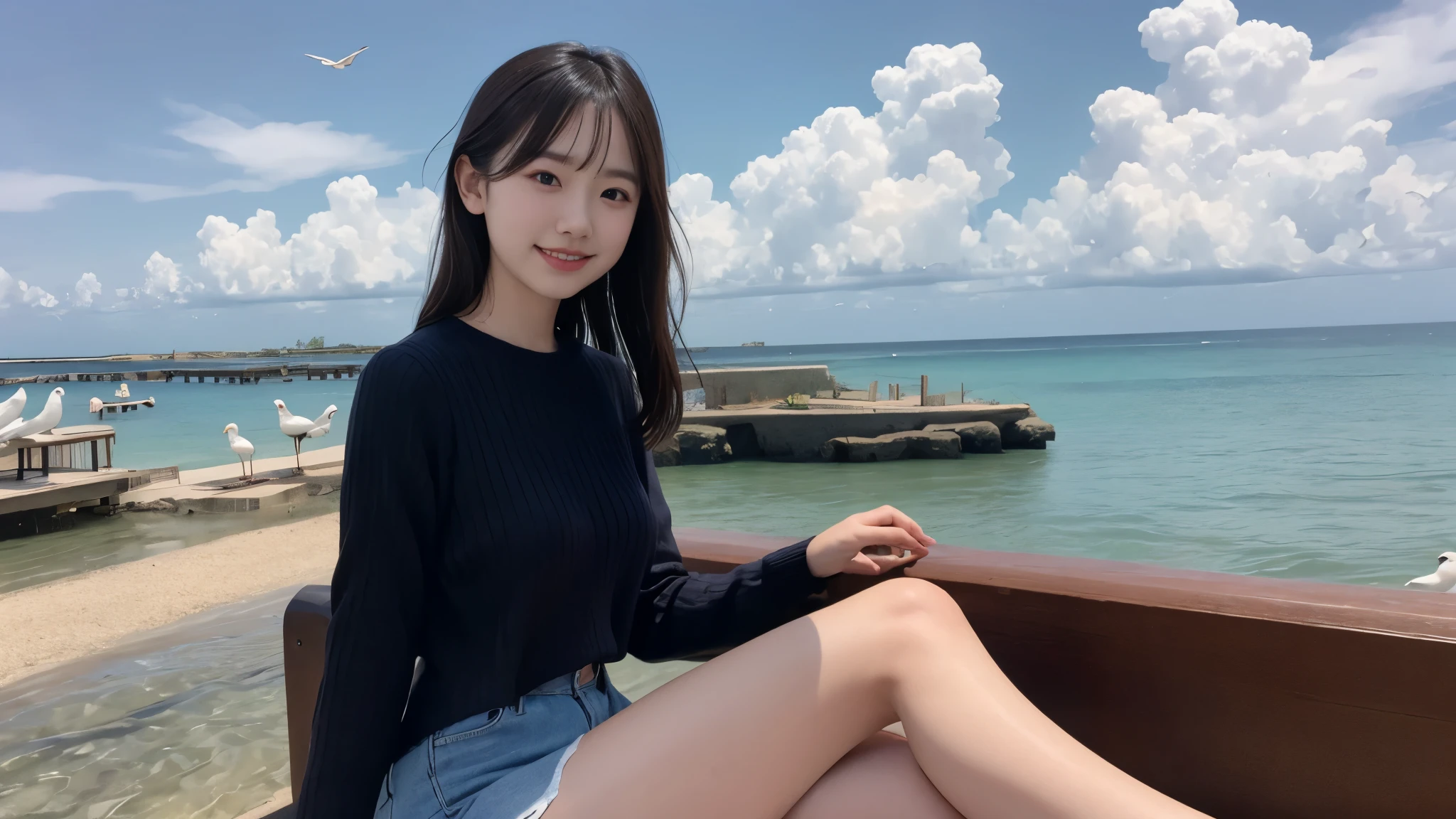Beautiful woman looking at camera、detailed photo、petite person、(Slimed、small tit、flat boobs、small tit)、sexy  pose:1.2、Wet body、sodden、sexy  pose、Wet body、sodden、A slender、From  above、Delicate and sexy collarbone、16-year-old woman、toru & Field Athlete、（Navy Blue Sport Mini Dress）、Painted from head to knee、Show your teeth and laugh out loud、playground
