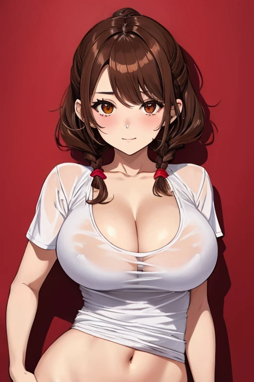Chica jovencita, cuerpo muy delgado (caderas grandes), cintura delgada, pechos muy grandes,Tight translucent T-shirt with plunging neckline, sonrojar, Brown hair (peinado con dos colitas) con flequillo, short muy corto apretado, la cara salpicada de mucha leche
