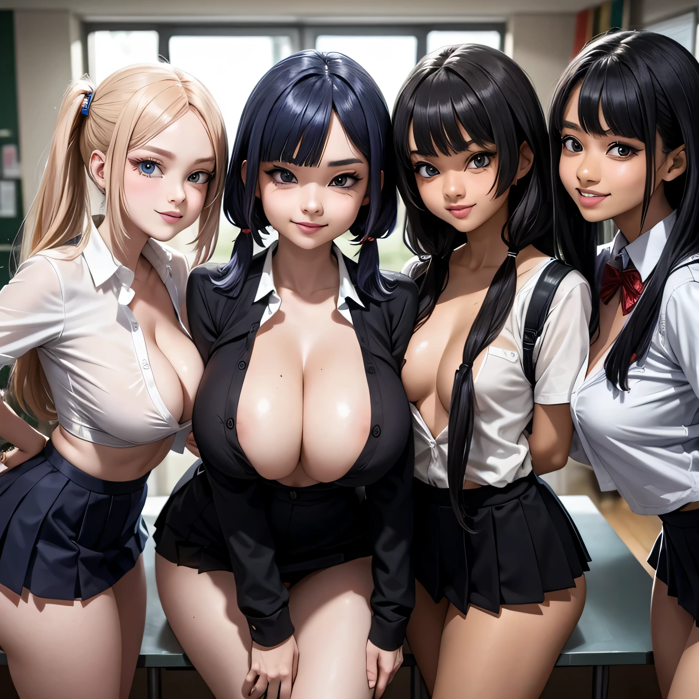 6 beauty students, 18yo, multiple hairstyles, multiple hair colors, school uniform, cleavage, open shirt,  big ass, seducing, at classroom