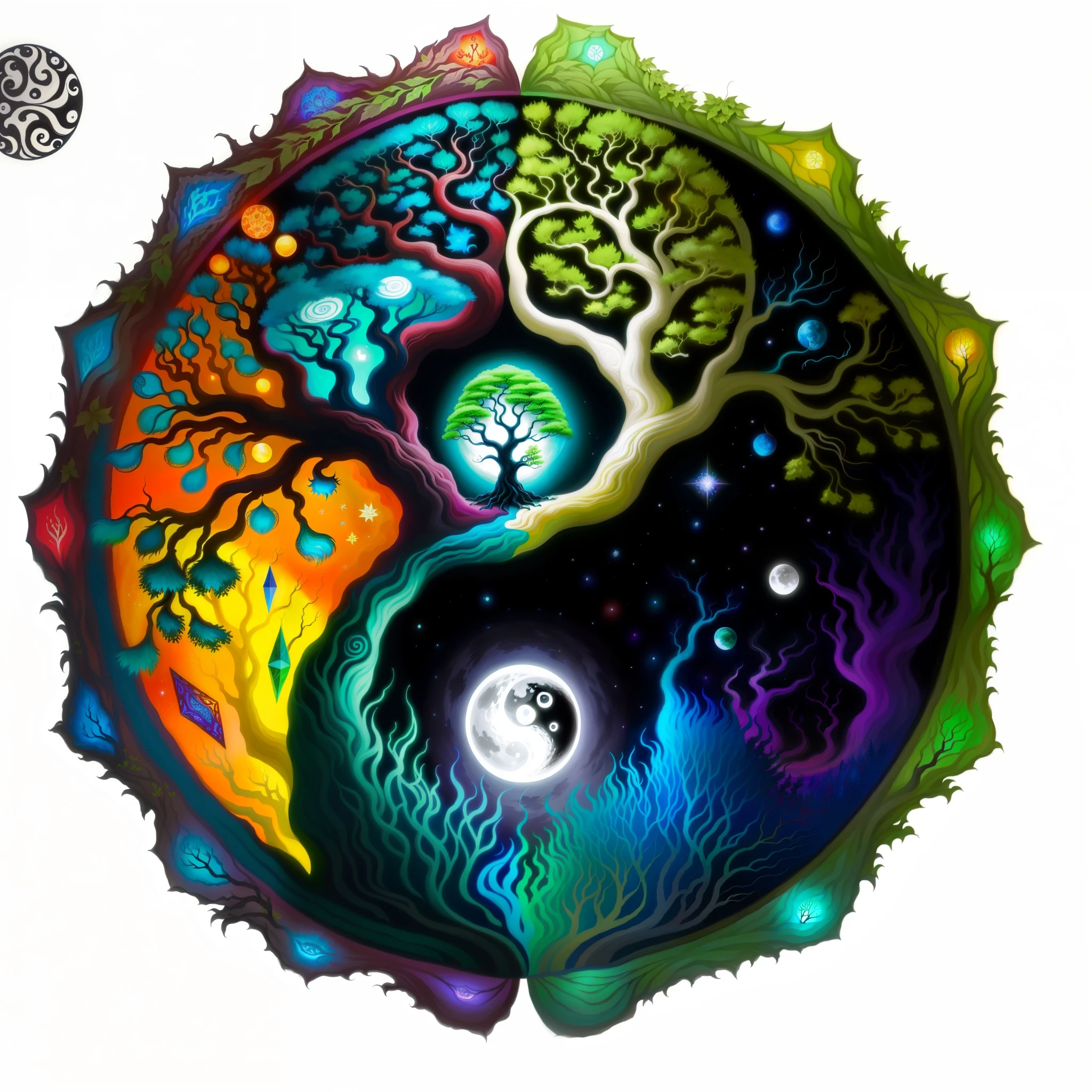 A painting of trees and a moon, cosmic tree of life, complex witchcraft spectrum, cosmic tree, tree of Life, tree of Life seed of doubt, The colorful last moon gate of the universe, the world tree, world tree, ying and yang, nature, trippy art, yin yang, cosmic, nature统一