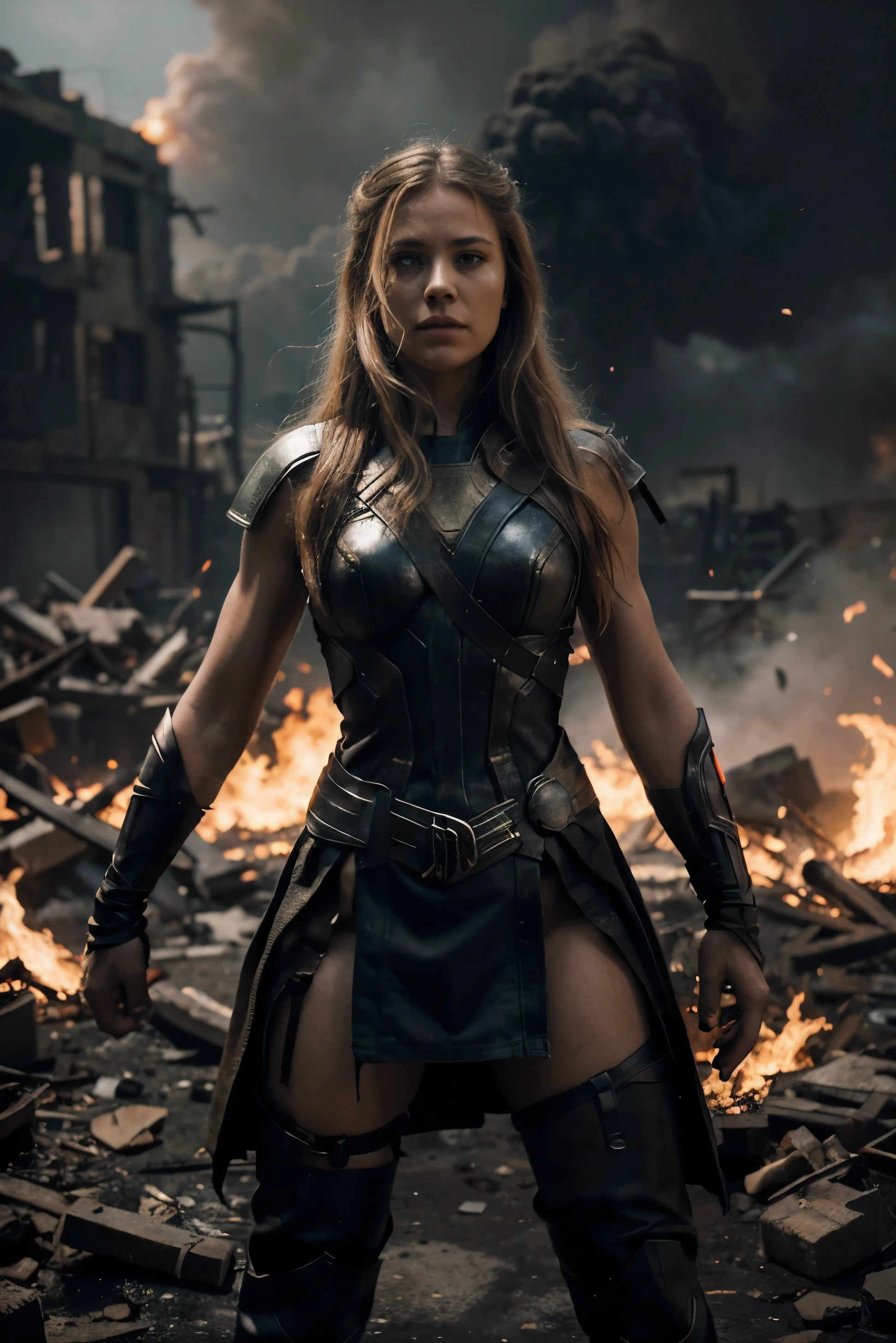 Create an image with advanced image quality and resolution, featuring super detailed depiction of a woman wearing a Thor-inspired outfit. Position her at the center of the composition, with a war-torn backdrop engulfed in flames. Ensure the portrayal of the intricacies of the costume, capturing textures and unique features. The fiery war scene should be realistically rendered, incorporating elements such as smoke, debris, and dramatic lighting effects. This image is intended to convey a powerful and visually engaging scene, combining the strength of the female Thor attire with the urgency and chaos of the war setting.
