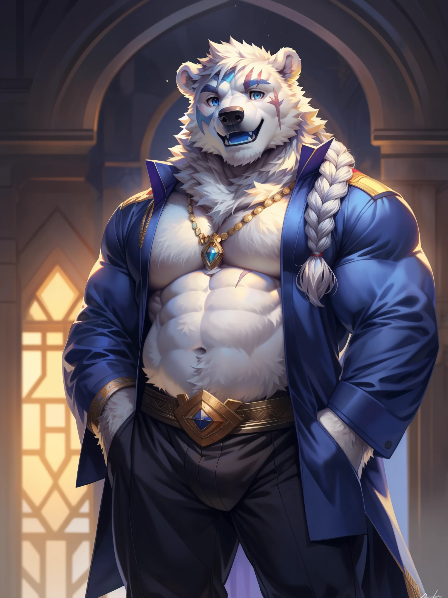 solo,anthro,furry,furry male, Polar bear, ((fluffy fur,fluffy,furry body)), (blue fur, Polar bear), (white body), eye line, chubby, big muscles Braided beard, sky blue eyes, decorative coat, tail, long hair, regal hair, braids, detailed fluffy fur, white chest, white belly, detailed face, detailed eyes, decorative uniform, gold accessory, braided hair, slack pants, sleeveless, detailed chest, detailed belly, black slack pants, decorative coat, blue coat, gold trimmings, nubby tail, bear tail, full body, claws, fantasy grand monastery, (by null-ghost,by raccoon21, masterpiece, high quality,hi-res,8k had), standing pose,close-view portrait, looking at viewer, indoor, lights, happy expression, calm, happy, smile, open mouth, blue tongue, (blue scar), dark shadows, young, hands in pockets,