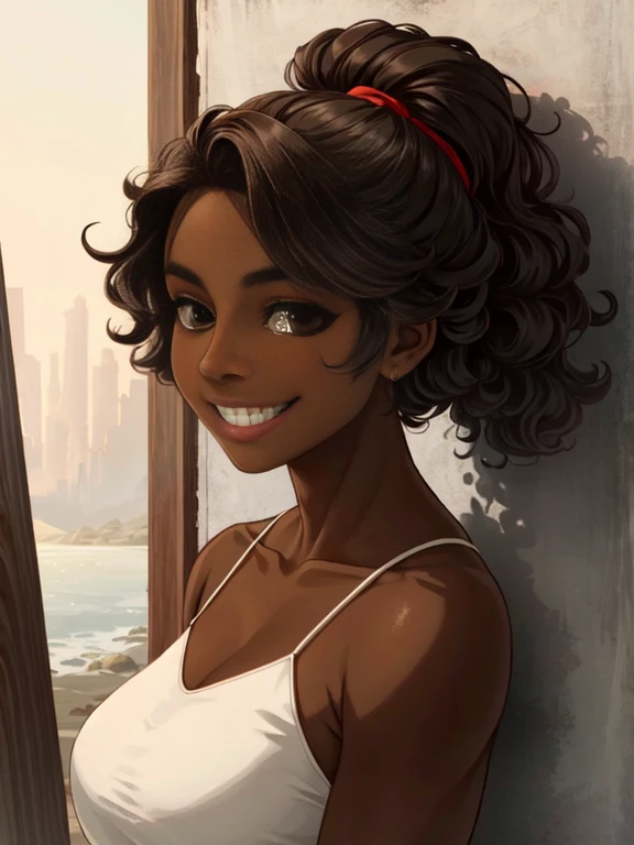 Masterpiece, best quality, high-res, extremely detailed, 1 girl, (dark brown skin tone:1.2), black eyes, smiling
