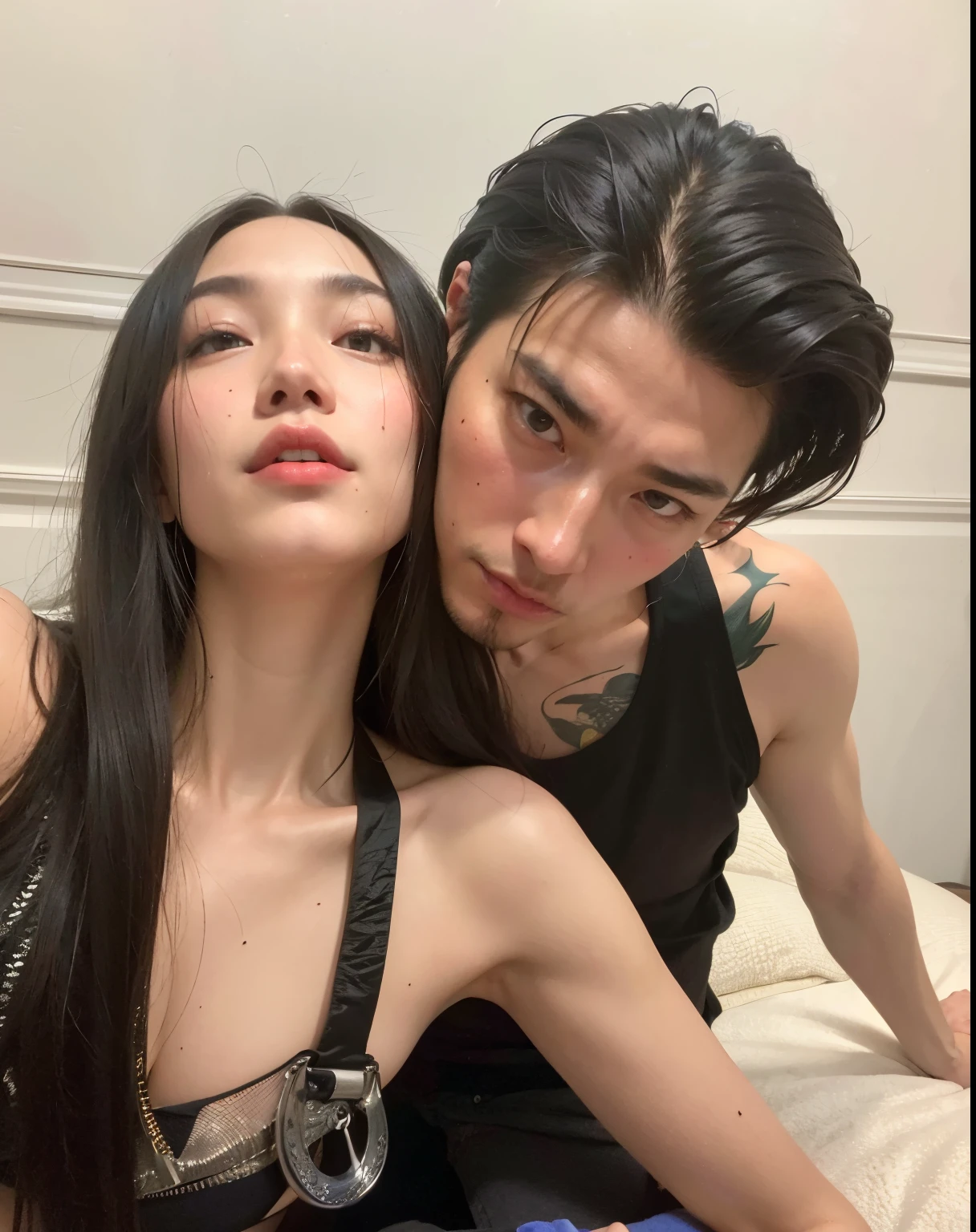 there is a man and woman sitting on a bed together, roberto ferri and ruan jia, ruan jia and brom, jordan grimmer and natasha tan, jin shan and ross tran, sha xi, cai xukun, steven klein, xision wu, yanjun chengt, profile pic, kda and sam yang, gemma chen, ruan jian