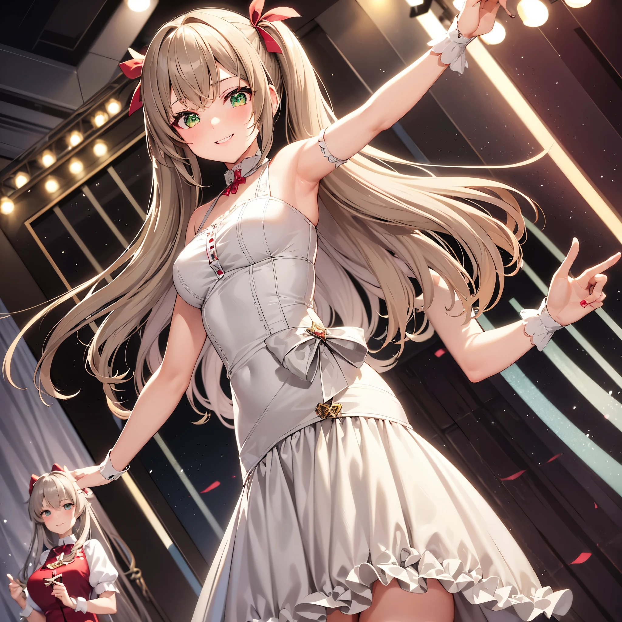 light brown hair girl,gray hair,twin tail,red ribbons,emerald green eyes, fair skin ,Dynamic Angle,Front shot, metaverse Idol,2 girls,Very cute girl, very detailed beautiful face and eyes, naughty smile,sing a song, microphone,wedding dress,pink,
