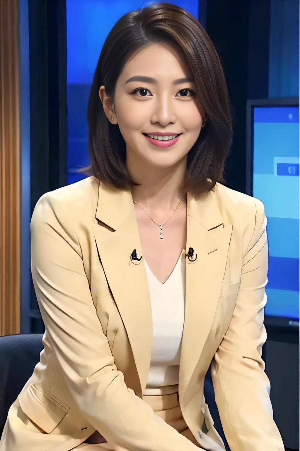 best image quality、ultra high resolution、1 girl、beautiful features、short and thin hair、Announcer wearing a tight long sleeve suit、Sit in the studio, Charmaine Yu