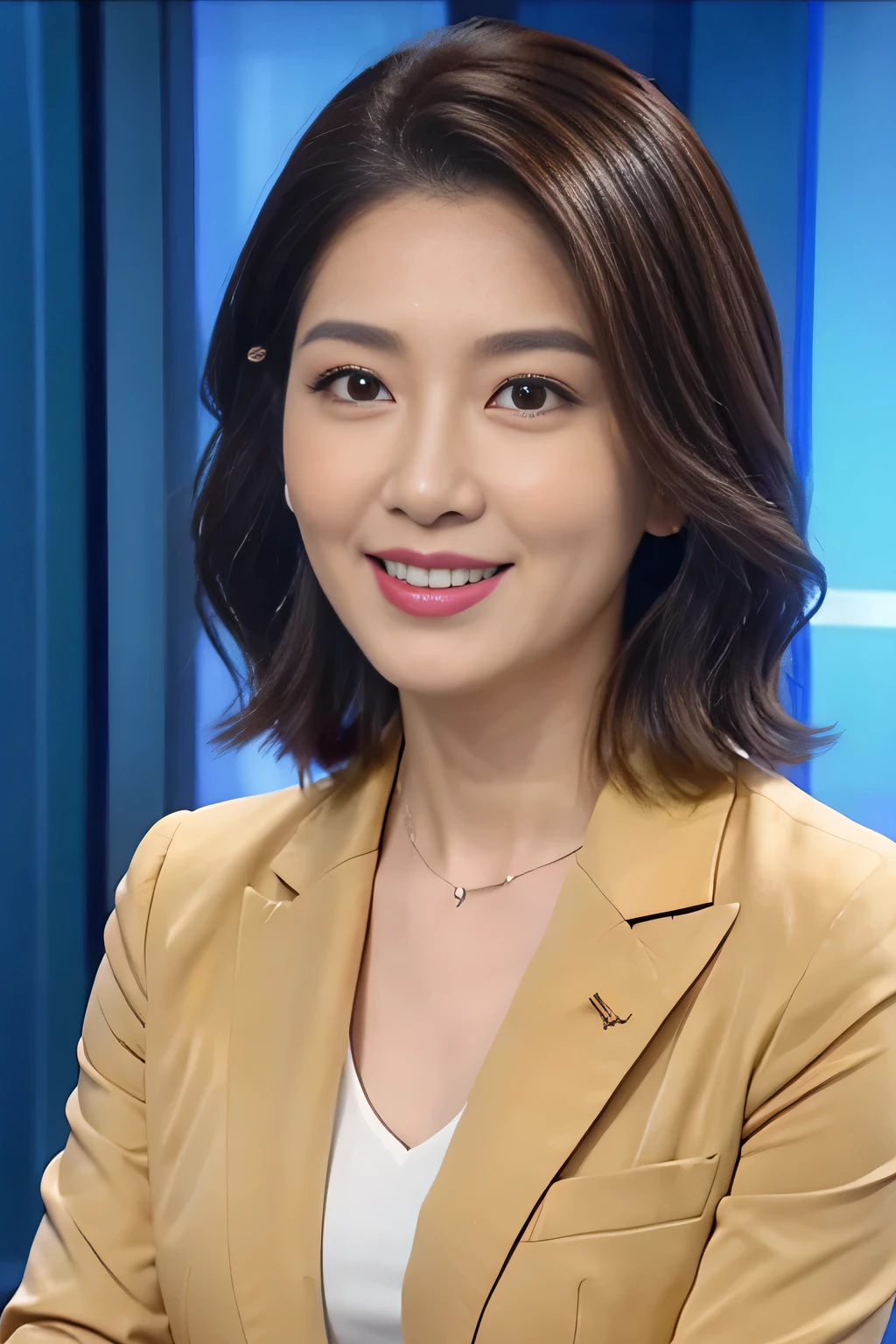 best image quality、ultra high resolution、1 girl、beautiful features、short and thin hair、Announcer wearing a tight long sleeve suit、Sit in the studio, Charmaine Yu