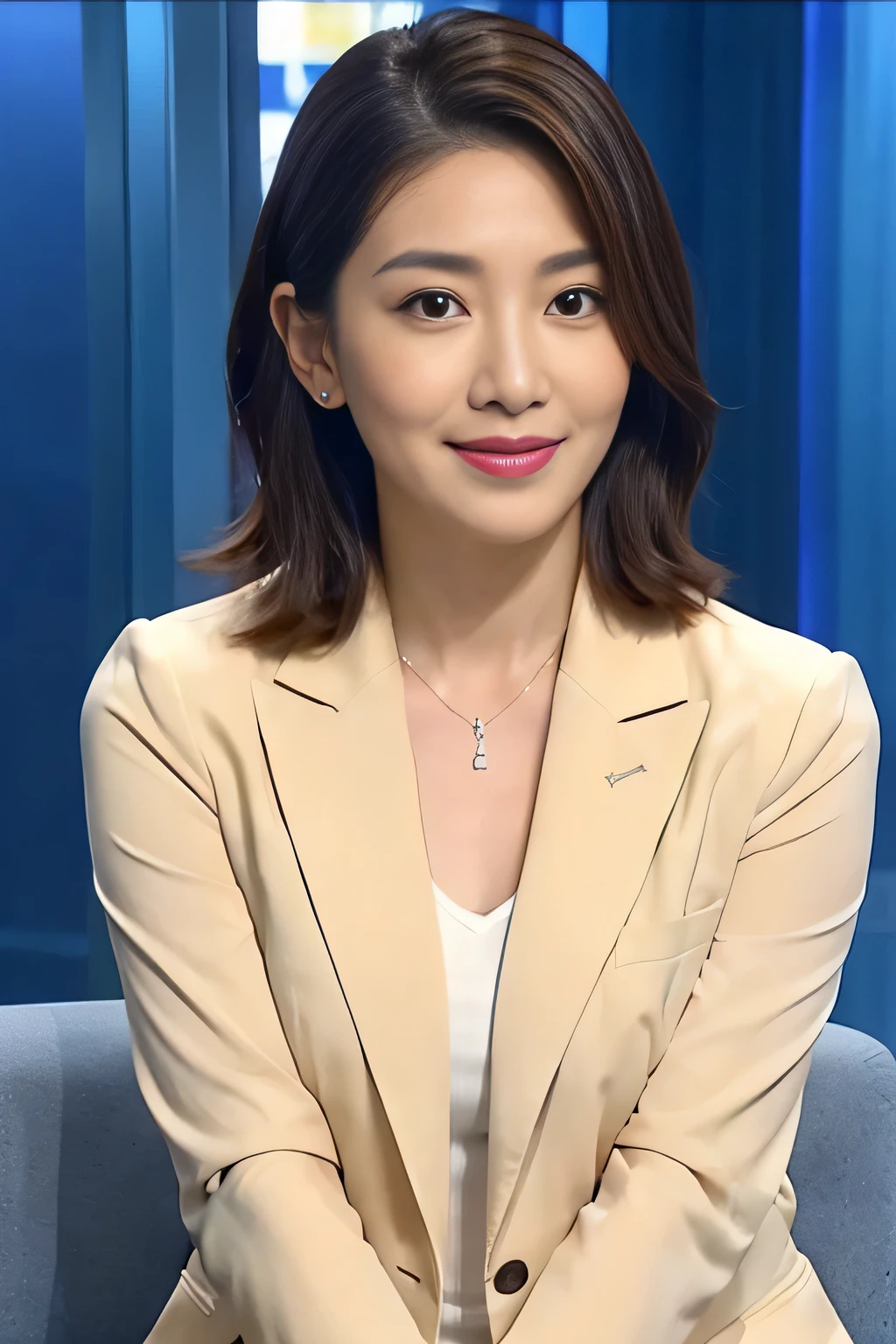 best image quality、ultra high resolution、1 girl、beautiful features、short and thin hair、Announcer wearing a tight long sleeve suit、Sit in the studio, Charmaine Yu