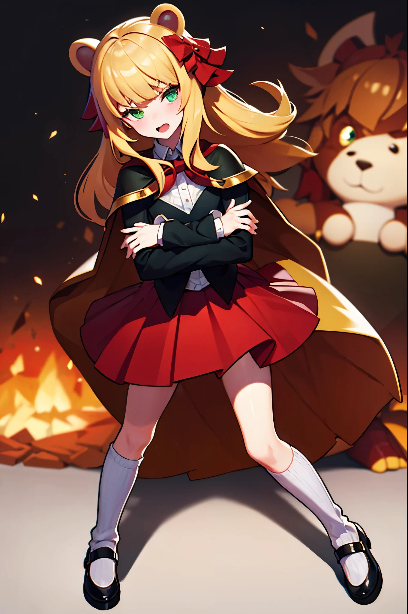 1girl, annie_(league_of_legends), blonde_hair, blunt_bangs, blush, cape, commentary_request, crossed_arms, dress, erementa, full_body, green_eyes, hood, league_of_legends, mary_janes, no_socks, open_mouth, painttool_sai_(medium), red_riding_annie, shoes, solo, stuffed_animal, stuffed_toy, teddy_bear, white_background