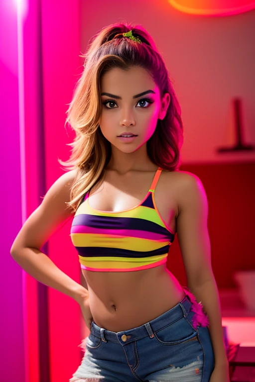 1 chica, hermosa chica, Piel clara , modelo adolescente , chica adolescente , 20 years, Winking , senos medianos , Ojos realistas, Ojos hermosos y grandes), neon lights, neon girl, neon wallpaper, imaginario, Fondo de pantalla 8K, Light and cool lighting, foto realista, celda sombreada, Gel lighting, ultra detalles, ropa grunge 