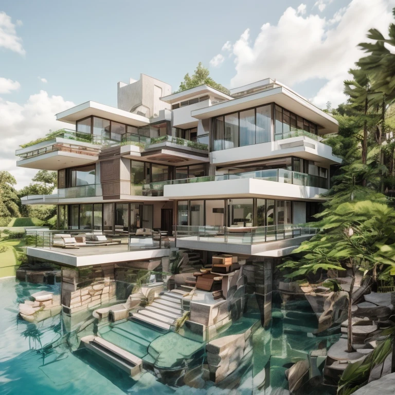 the exterior of the house; garden landscape, a pool with clear water, daytime, realistic, wide angle, (( render vray )), cloudy sky, morning, sunlight, European plants, render, spring light, detailed, modern style, clear image, glasses, high reflection, RAW photo, (high detailed skin:1.2), 8k UHD, DSLR, soft lighting, high quality, film grain, Fujifilm XT3