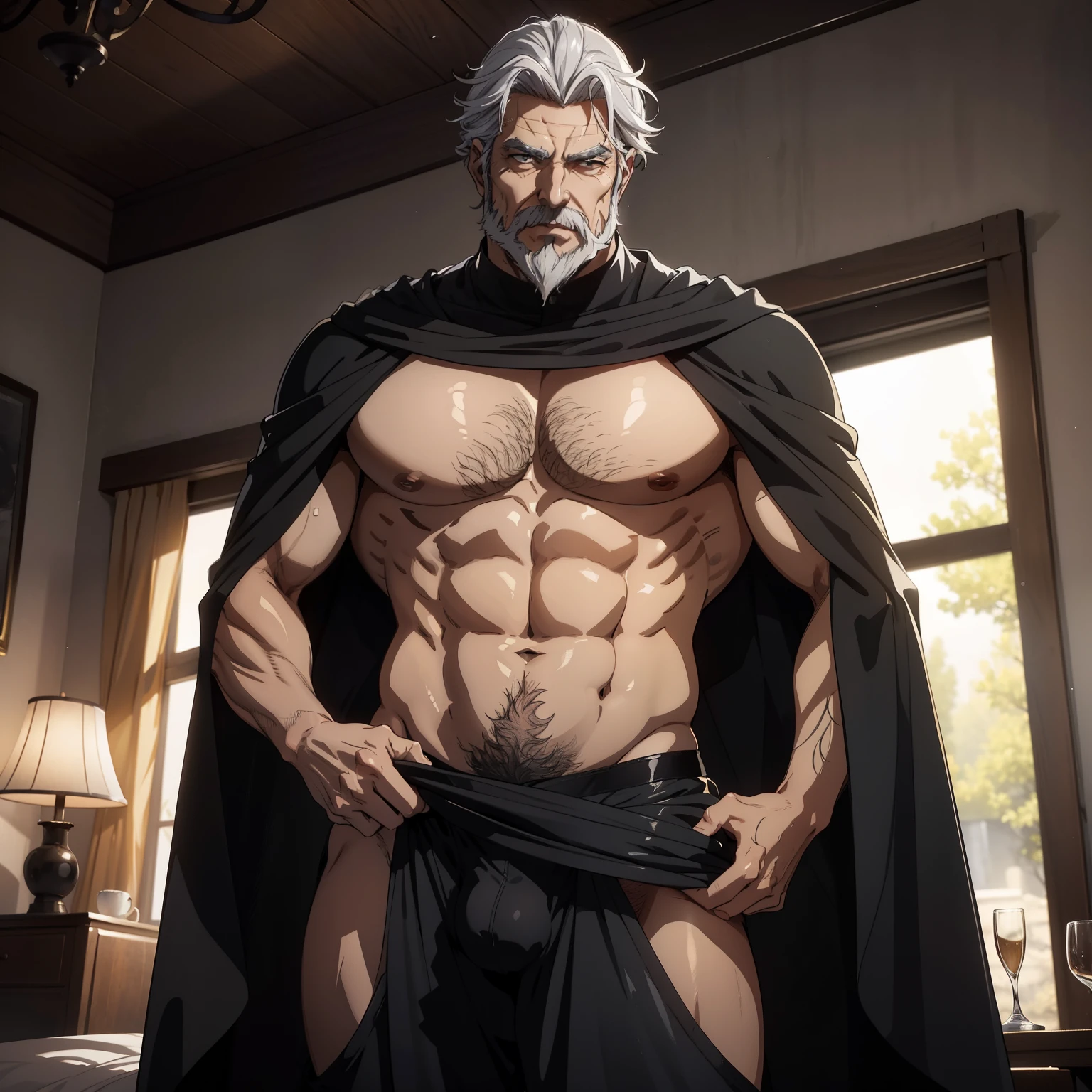 Um rei lascivo, pervertido, imponente, 60 years old, olhando para o espectador, pose sexy, vista frontal, corpo inteiro, olhos de cor azuis, grey short hair, thick grey beard, he is wearing a very tight black medieval robe, large pecs, He's in his room, sentando na cama, your crotch is exposed, huge bulge in the groin, big penis bulge, Obra-prima maravilhosa altamente detalhada, beautiful cinematic light deep focus, elegante, pintura digital, liso, sharp focus, golden ratio, dramatic lighting, 8k, pixiv, bara