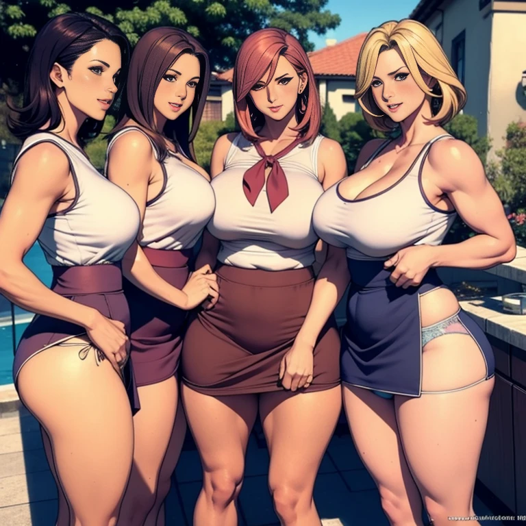 multiple thick body mature women milfs wearing sleeveless shirt and ((lift skirt show panties)), all milfs standing straight show only backside to camera, nsfw, show full body, show back view, in patio, ribbon waist band, nsfw