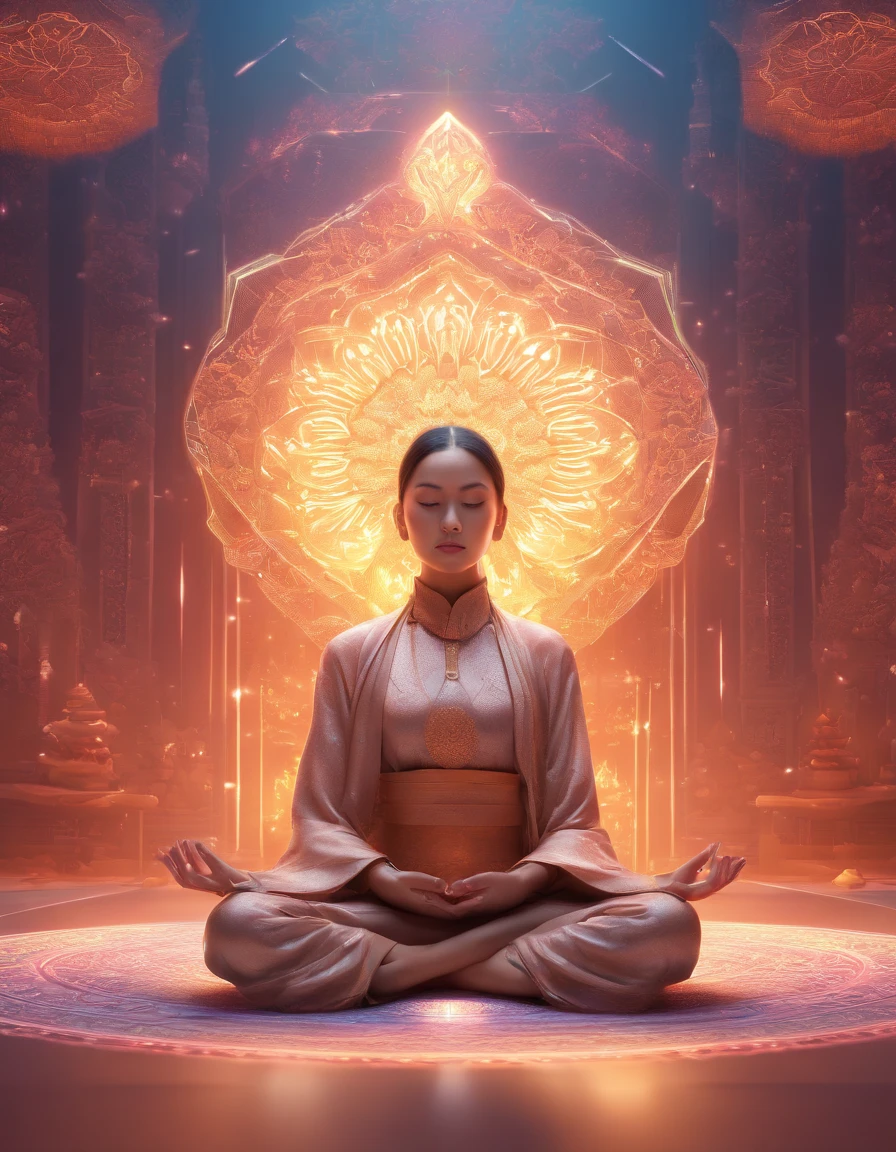 Female Monk in minimal clothing meditating in front of iridescent aura background, Mandala style, ArtGerm, uhd image, gongbi, visual harmony, Mystical mechanism, queencore