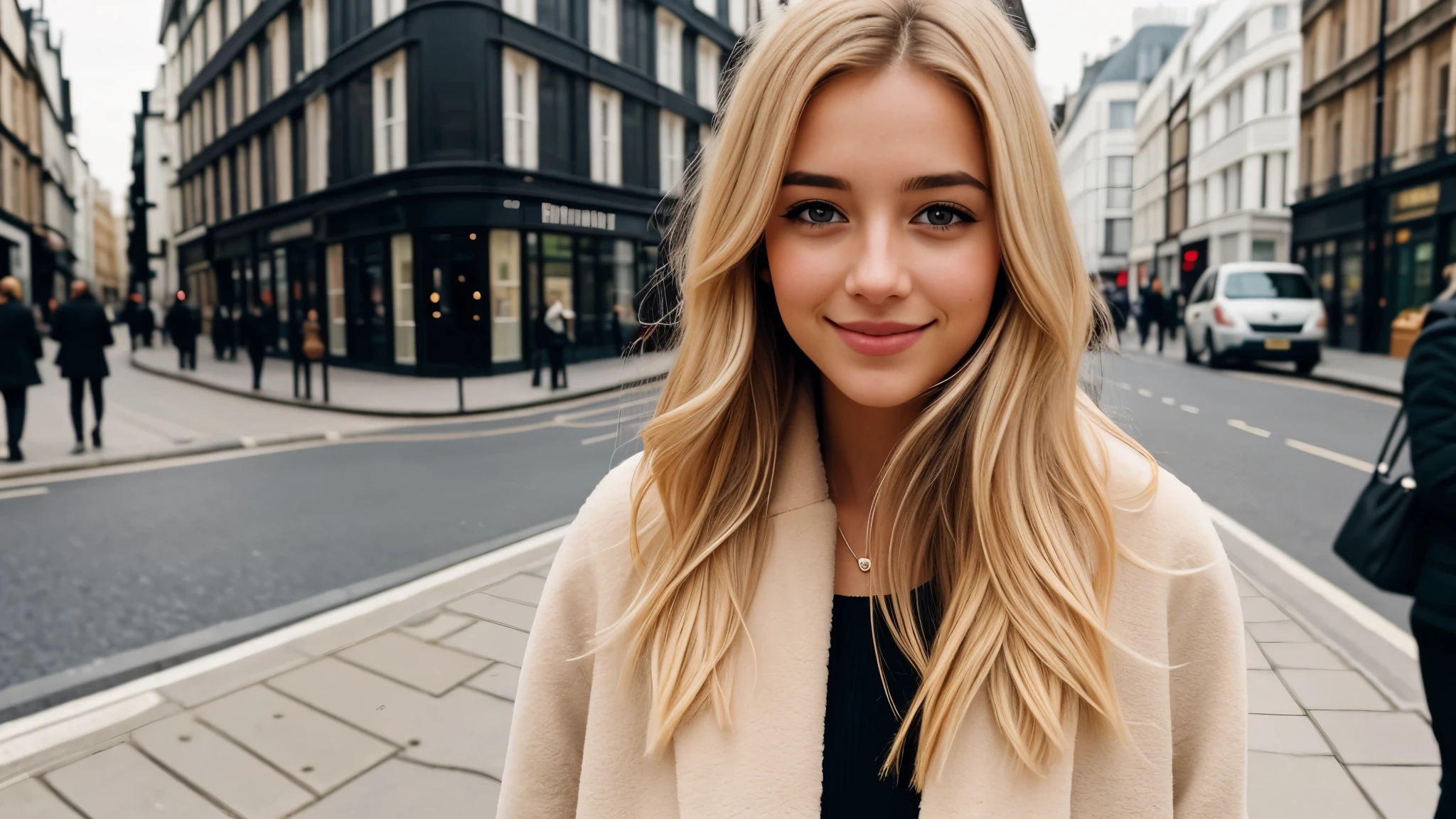 Instagram pictures, a French Girl, Shoulder length hair, with light blonde hair, a Close-up photo, coat, Walking in the street of London, the background is London Eyes, smiling a little,