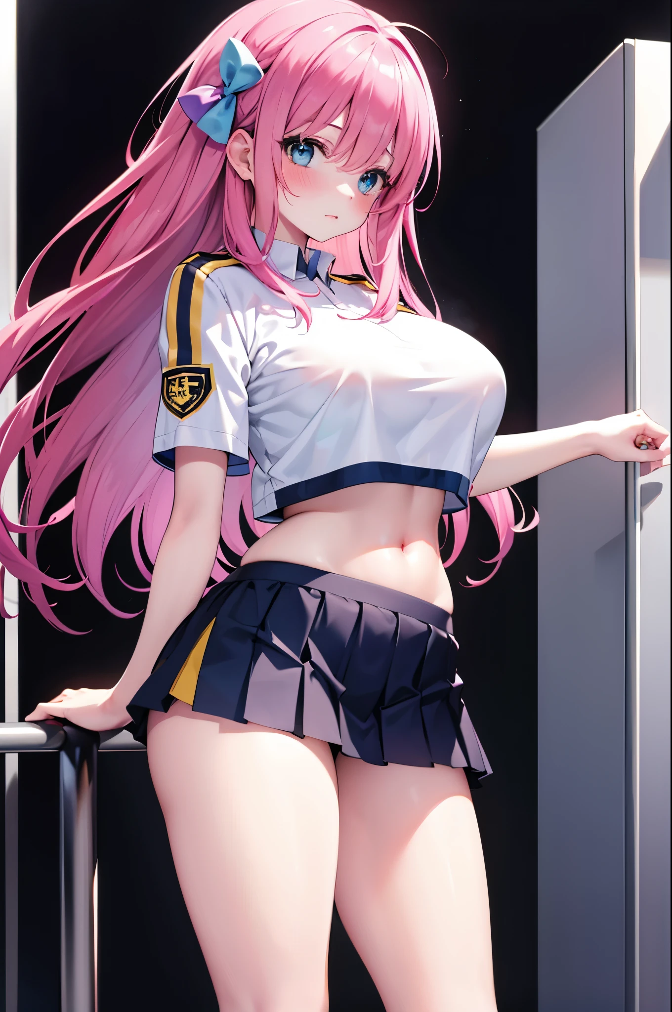 realistic image, coherent image, detailed image, 1 girl, long hair, pink hair, wearing hair accessories with blue and yellow cubes on the right side, light blue eyes, delicate oval face, blushing, wearing a crop top, pleated miniskirt, sports shoes, big breasts, curvy body, thick thighs, shy pose, black background, uniform bottom,