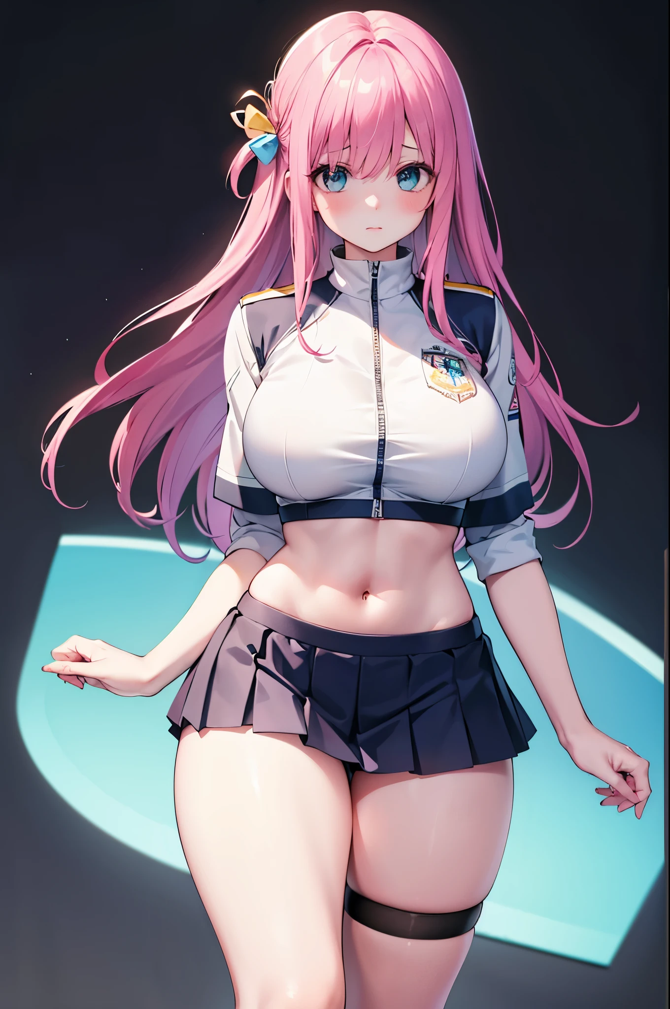 realistic image, coherent image, detailed image, 1 girl, long hair, pink hair, wearing hair accessories with blue and yellow cubes on the right side, light blue eyes, delicate oval face, blushing, wearing a crop top, pleated miniskirt, sports shoes, big breasts, curvy body, thick thighs, shy pose, black background, uniform bottom,