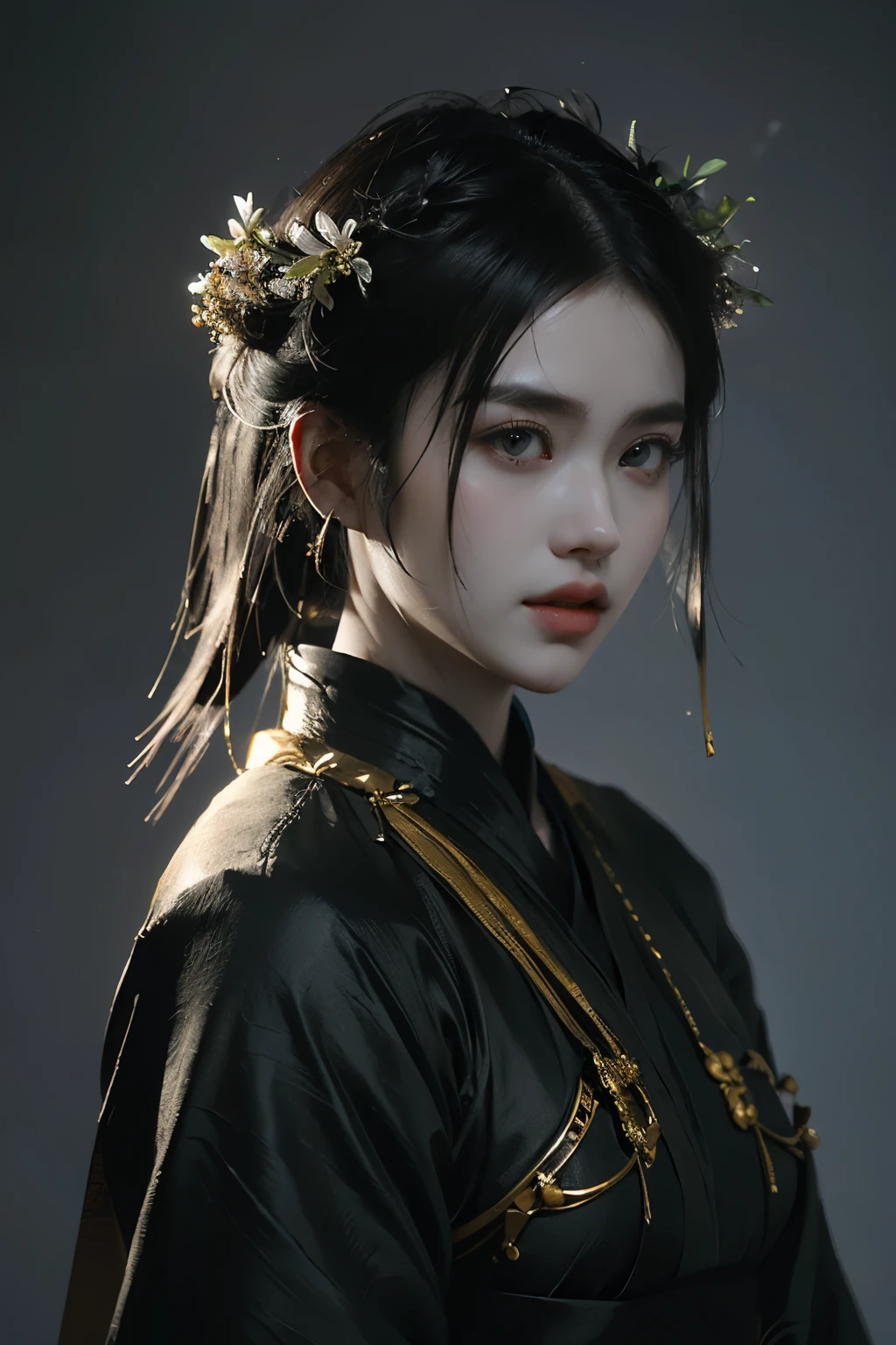 Game art，The best picture quality，Highest resolution，8K，(A bust photograph)，(Portrait)，(Head close-up)，(Rule of thirds)，Unreal Engine 5 rendering works， (The Girl of the Future)，(Female Warrior)， 
15岁少女，(The generals of ancient China)，An eye rich in detail，(Big breasts)，优雅高贵，冷漠，勇敢的，
(Wearing ancient Chinese cloth，Chinese Hanfu，Costumes of the Tang Dynasty，Costumes are rich in detail，Simple shades)，中国人物，奇幻风格，
拍照姿势，野外背景，Movie lights，Ray tracing，Game CG，((3D Unreal Engine))，oc渲染反射纹